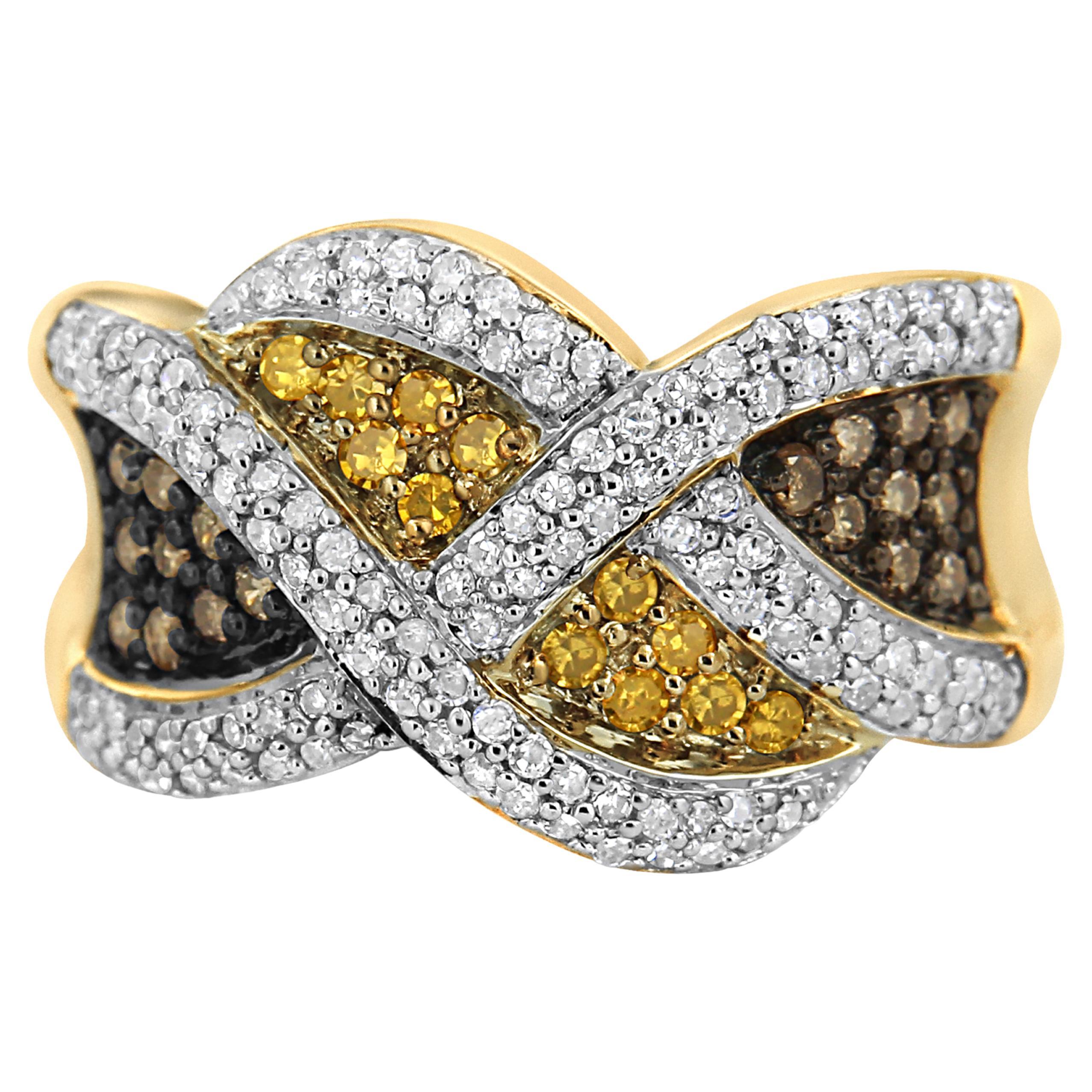 14K Yellow Gold 3/4 Ct Champagne, Yellow & White Diamond Woven Pattern Band Ring For Sale