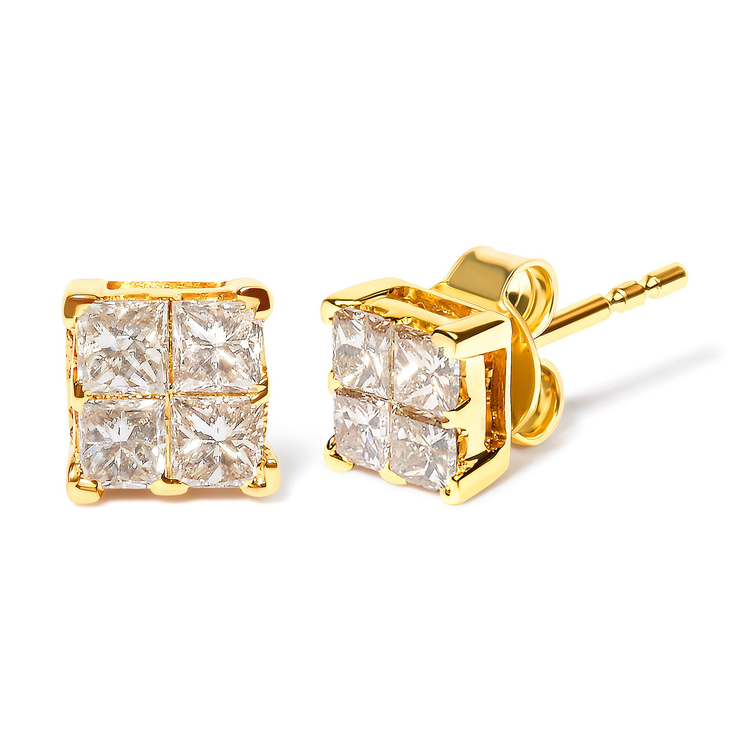 Immerse yourself in the timeless elegance of these square stud earrings, meticulously crafted from radiant 14K yellow gold. Each piece shines brightly with four natural princess-cut diamonds, ingeniously set to mimic a larger solitaire's grandeur