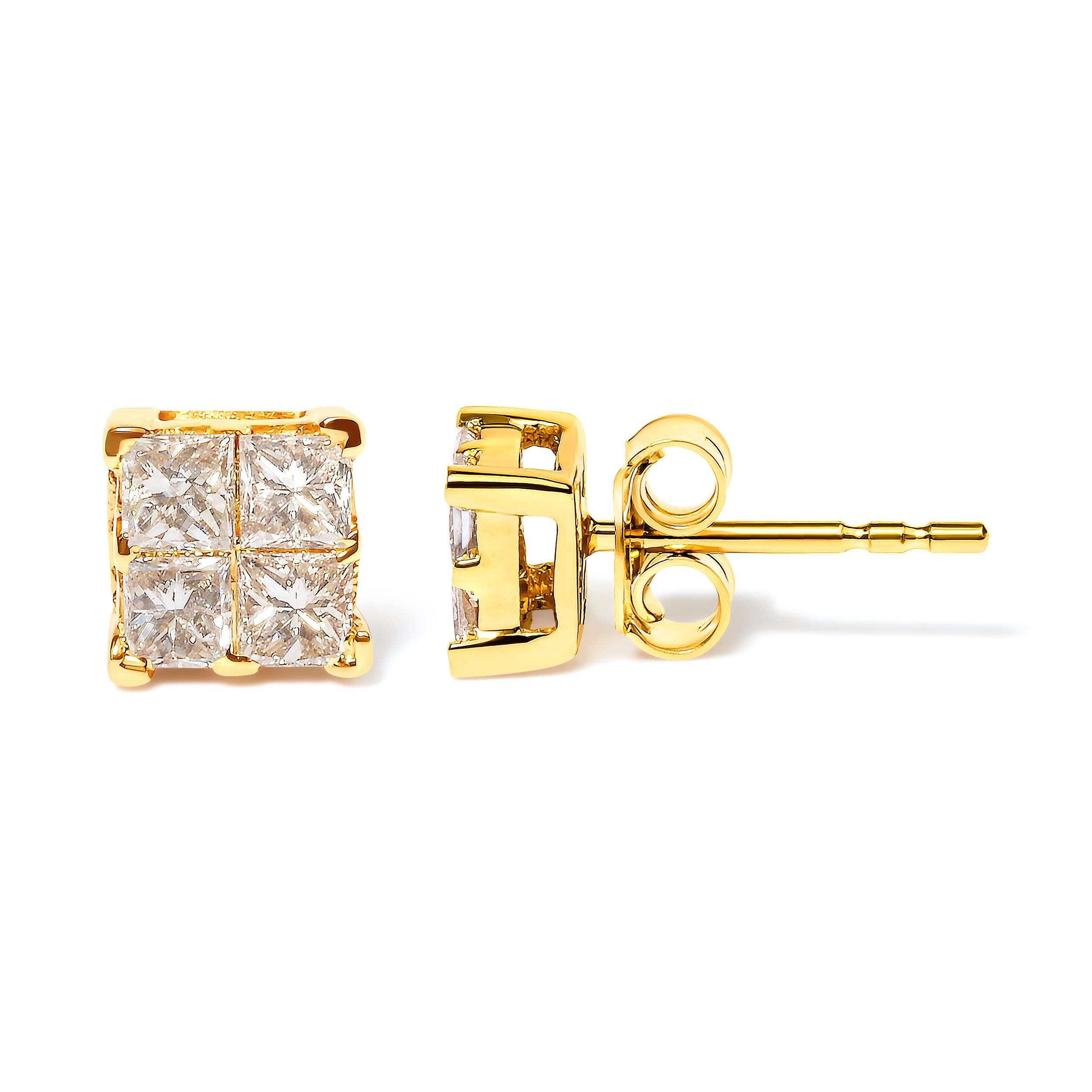 Modern 14K Yellow Gold 3/4 Cttw Diamond 4 Stone Square Stud Earrings For Sale