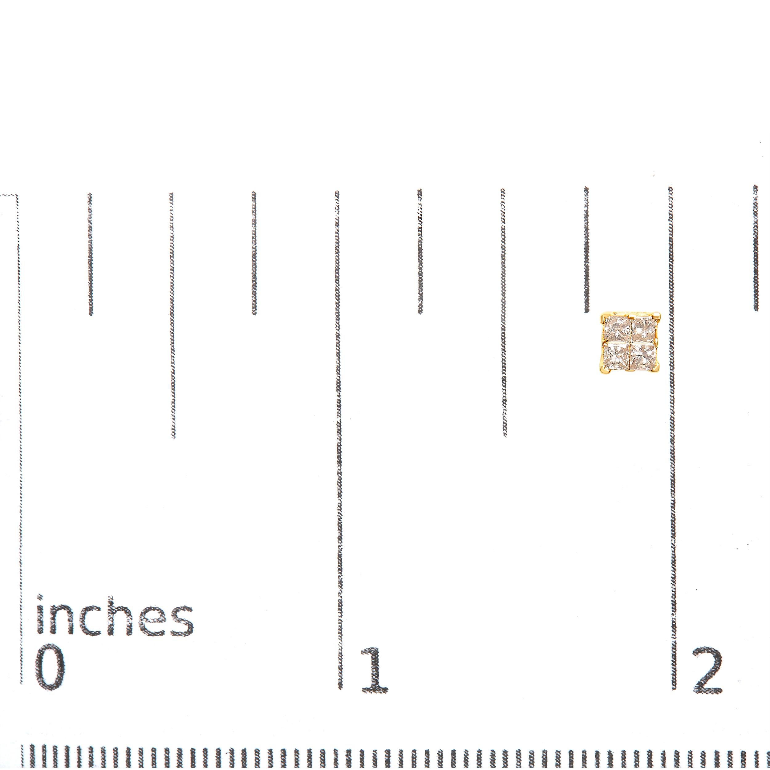 Princess Cut 14K Yellow Gold 3/4 Cttw Diamond 4 Stone Square Stud Earrings For Sale