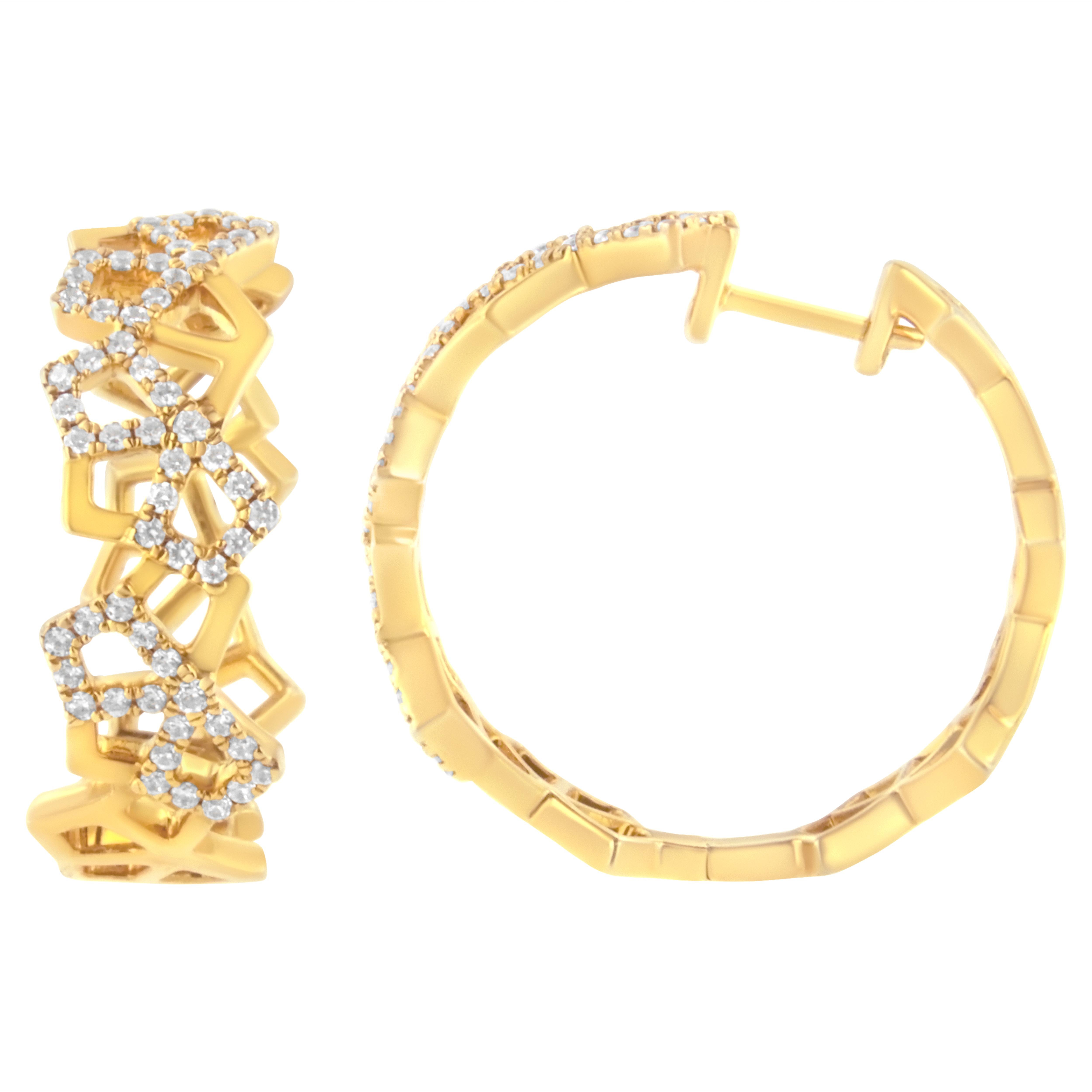 Indulge in the opulence of these 14K yellow gold hoop earrings, where luxury meets geometric elegance. Each piece parades a mesmerizing honeycomb pattern, meticulously set with natural diamonds that dazzle with G-H color and SI1-SI2 clarity,