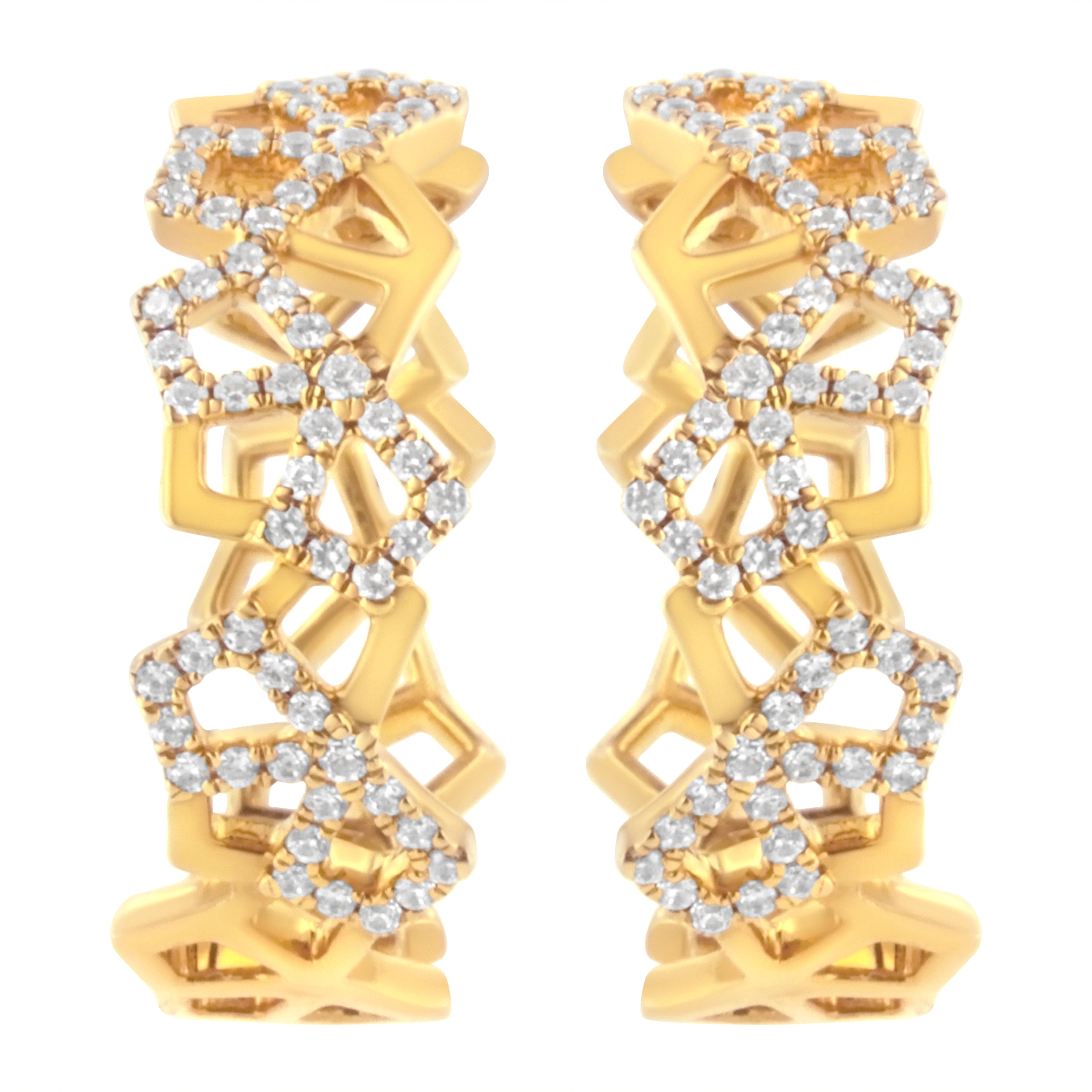 Modern 14K Yellow Gold 3/4 Cttw Diamond Honeycomb Hoop Earrings For Sale