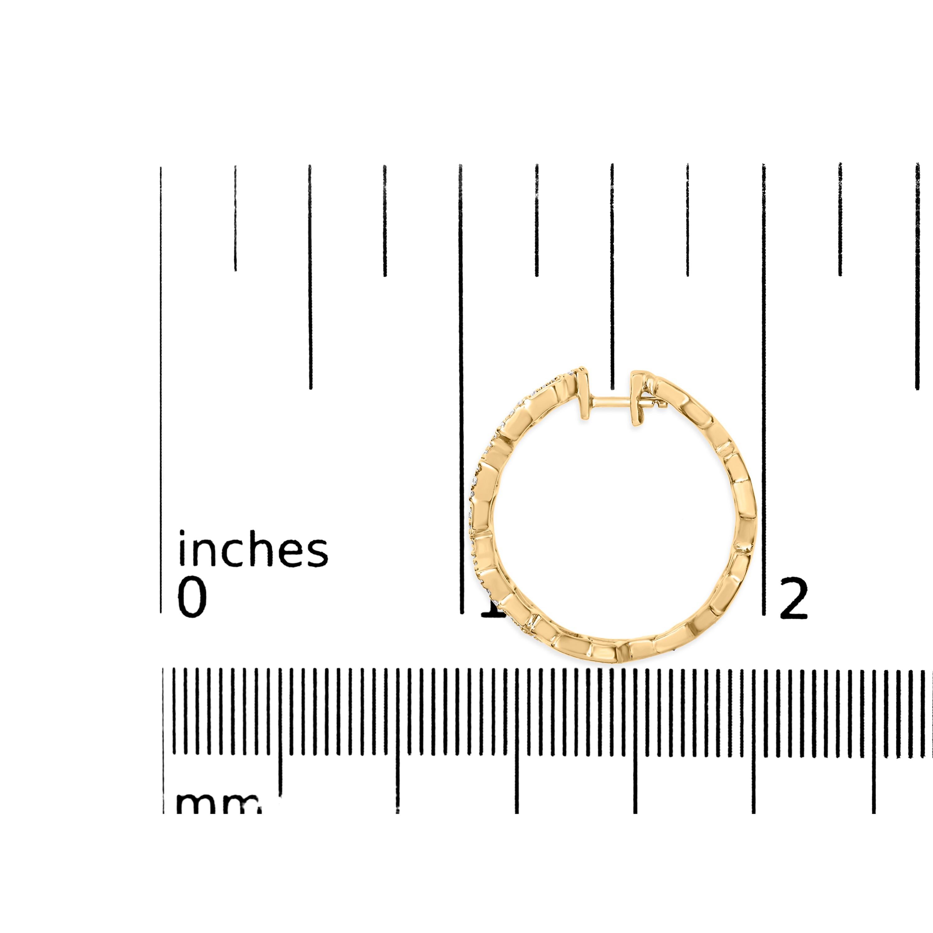 Round Cut 14K Yellow Gold 3/4 Cttw Diamond Honeycomb Hoop Earrings For Sale