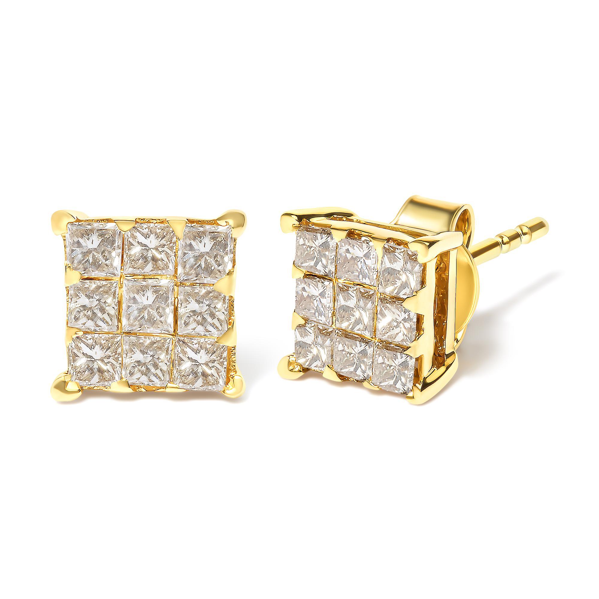 Immerse yourself in the subtle opulence of these exquisitely crafted earrings, where fine artistry meets timeless elegance. Fashioned from radiant 14K yellow gold, each piece captivates with a constellation of nine natural princess-cut diamonds,