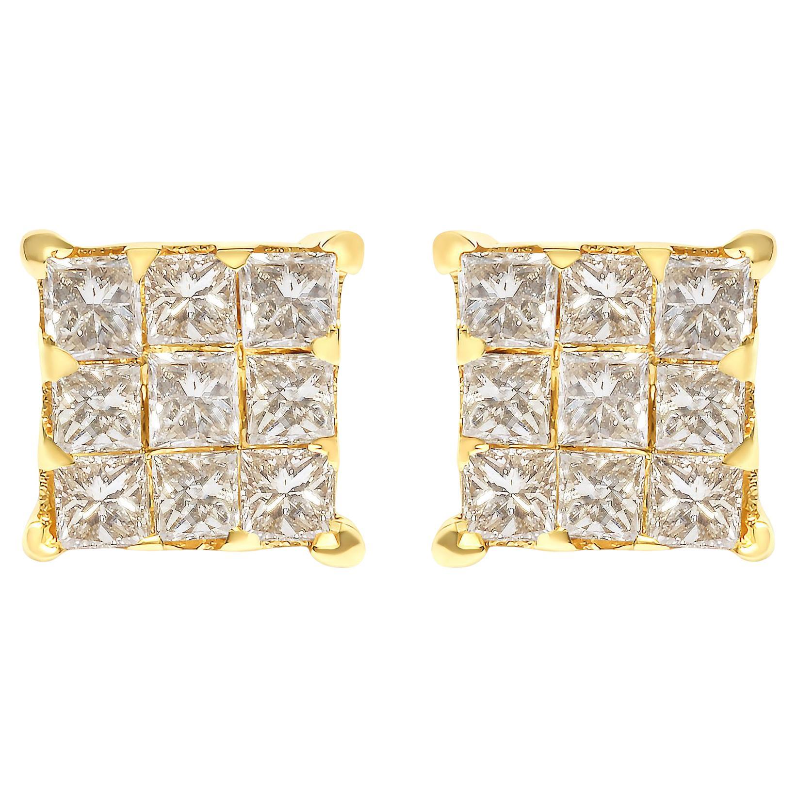 14K Yellow Gold 3/4 Cttw Princess-Cut Diamond 9 Stone Square Stud Earrings
