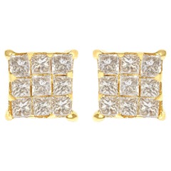 14K Yellow Gold 3/4 Cttw Princess-Cut Diamond 9 Stone Square Stud Earrings