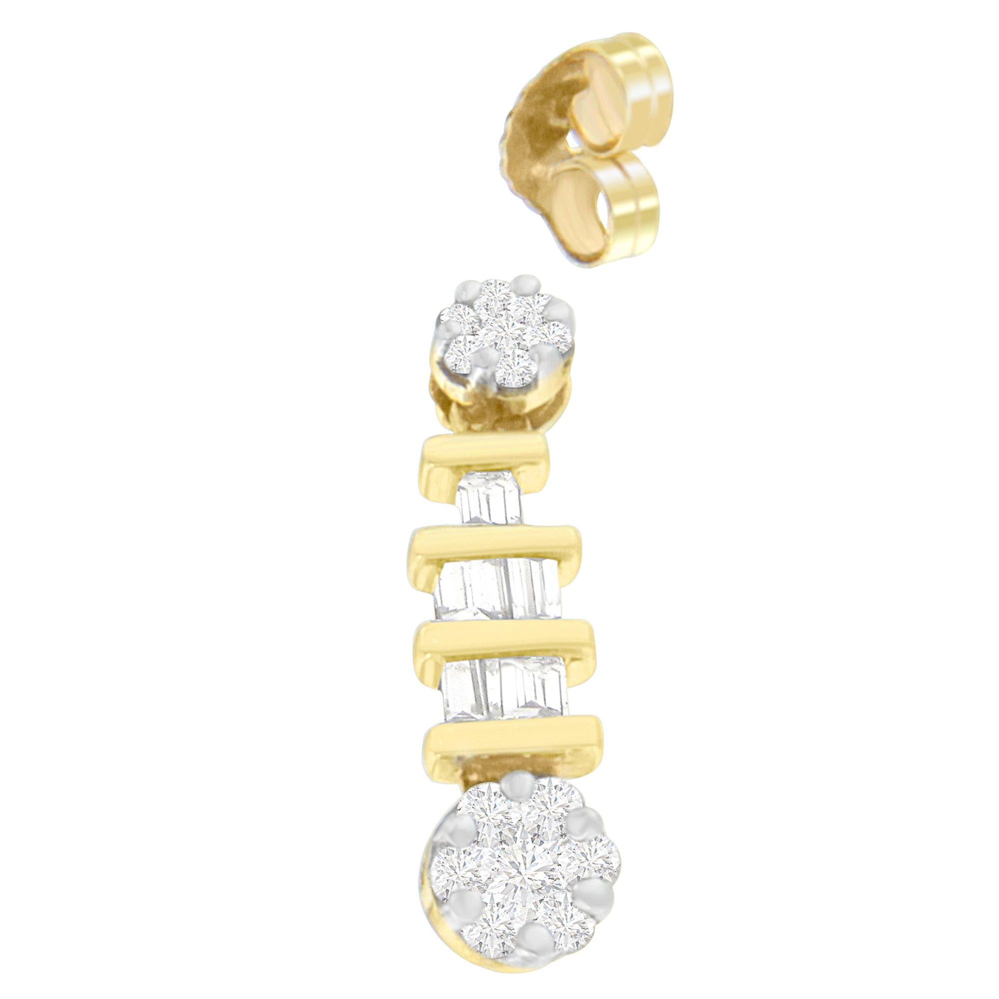 Modern 14K Yellow Gold 3/4 Cttw Round and Baguette-cut Diamond Earrings For Sale