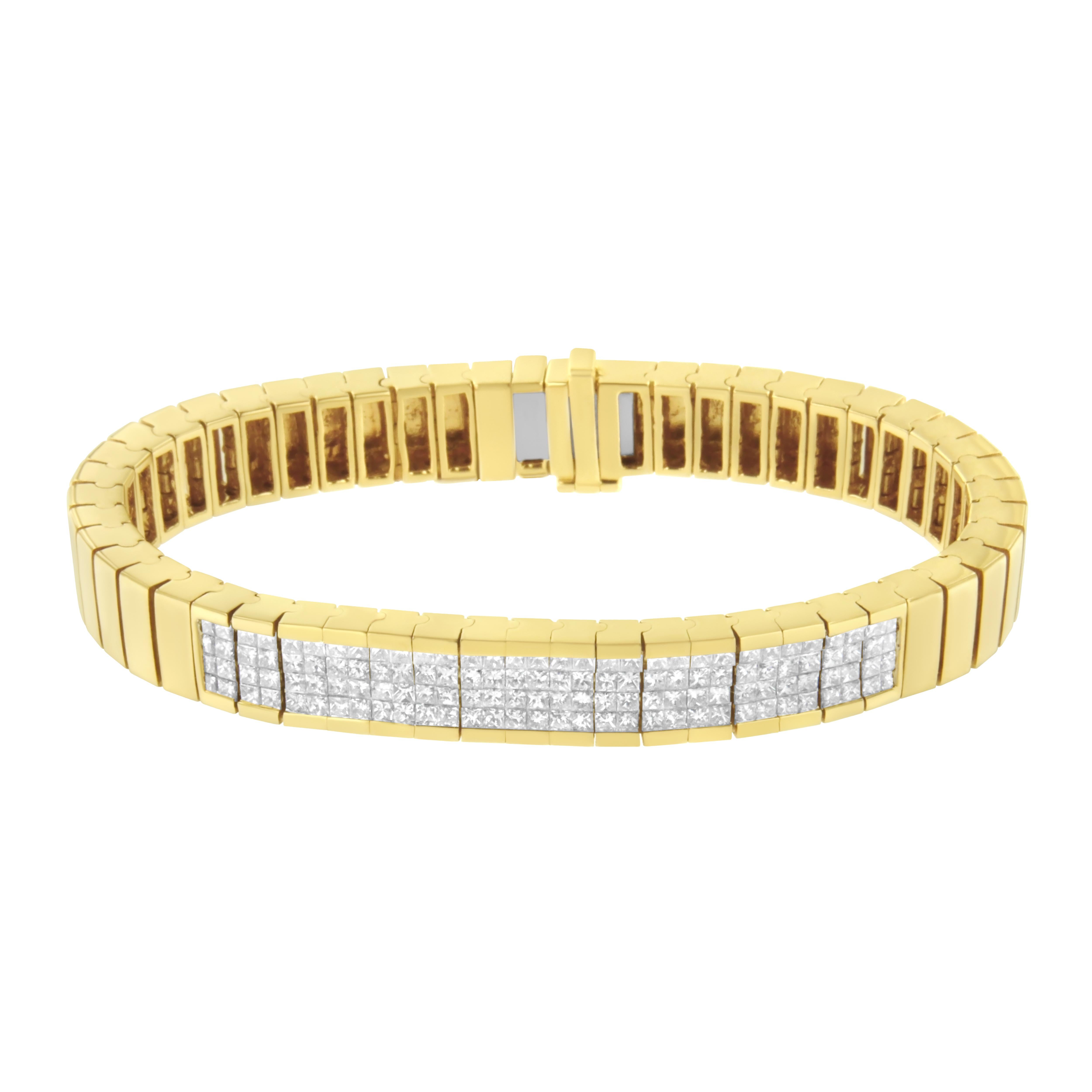 This beautiful bracelet is made in 14k yellow gold and it's inlaid with 3 5/8ct TDW of invisible set princess cut diamonds. 128 shimmering diamonds arranged in four rows inlay the top of this polished yellow gold design. A box clasp mechanism keeps