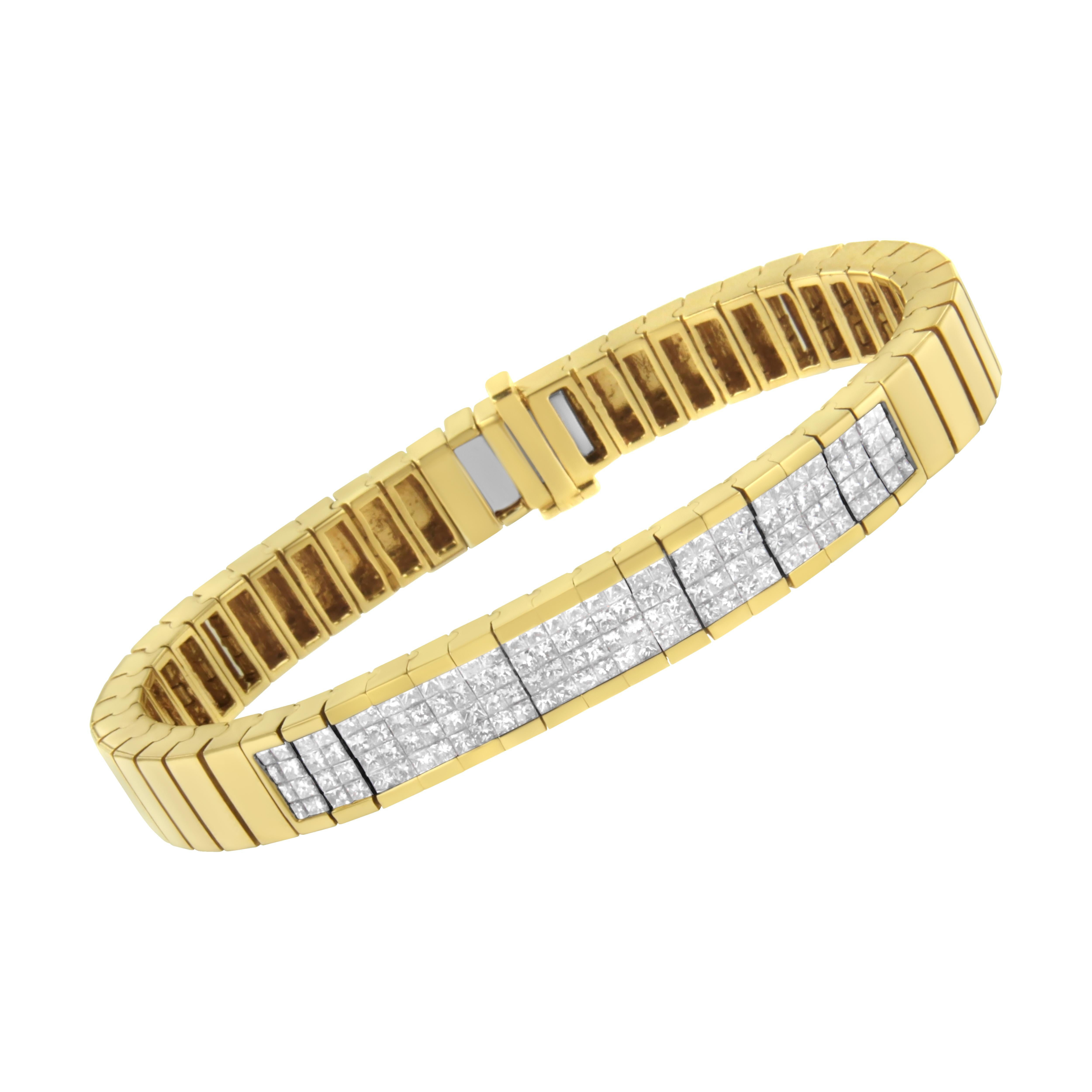 Modern 14k Yellow Gold 3 5/8cttw Invisible Set Princess-Cut Diamond ID Tennis Bracelet For Sale