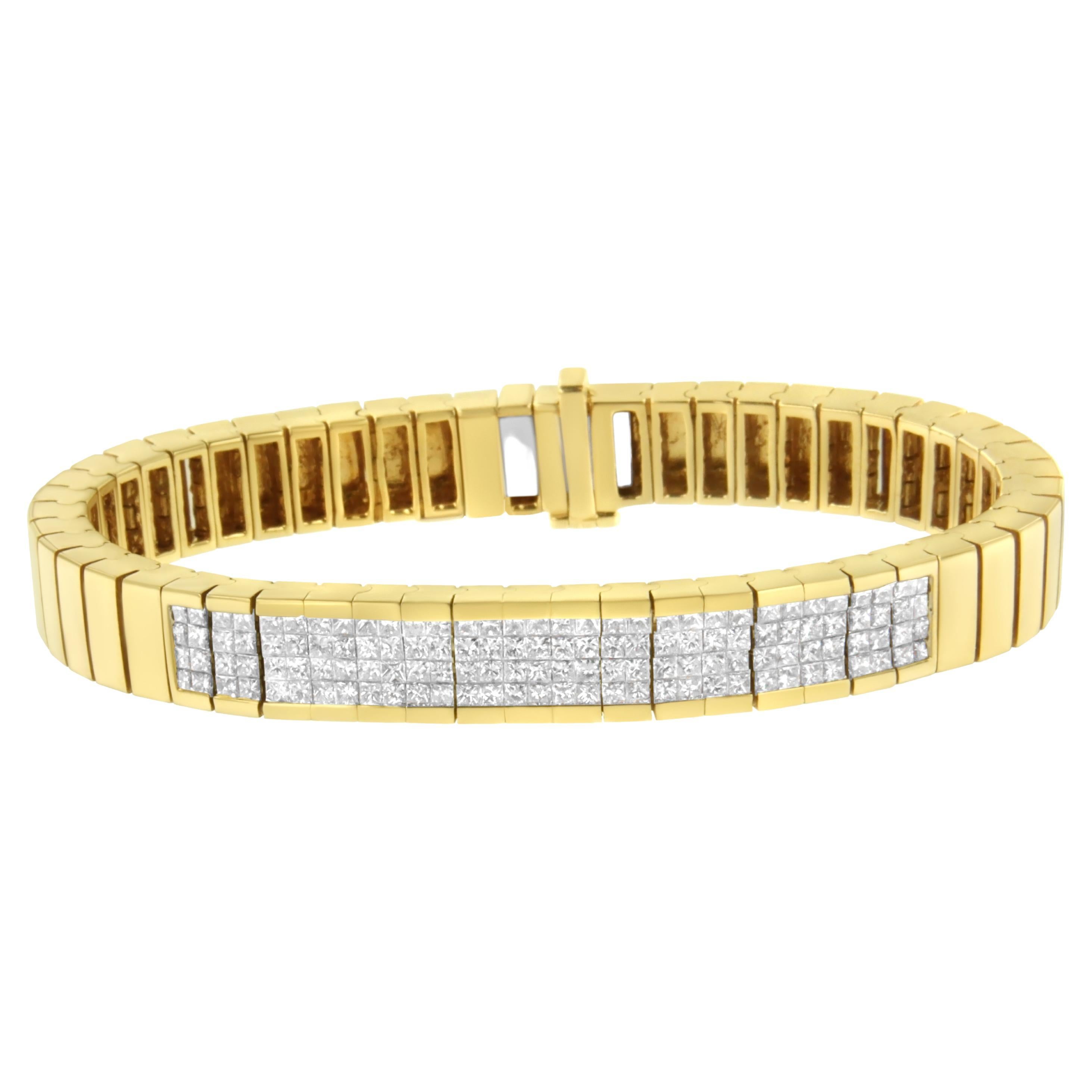 Bracelet tennis en or jaune 14 carats avec diamants taille princesse de 3 5/8 carats, serti invisible