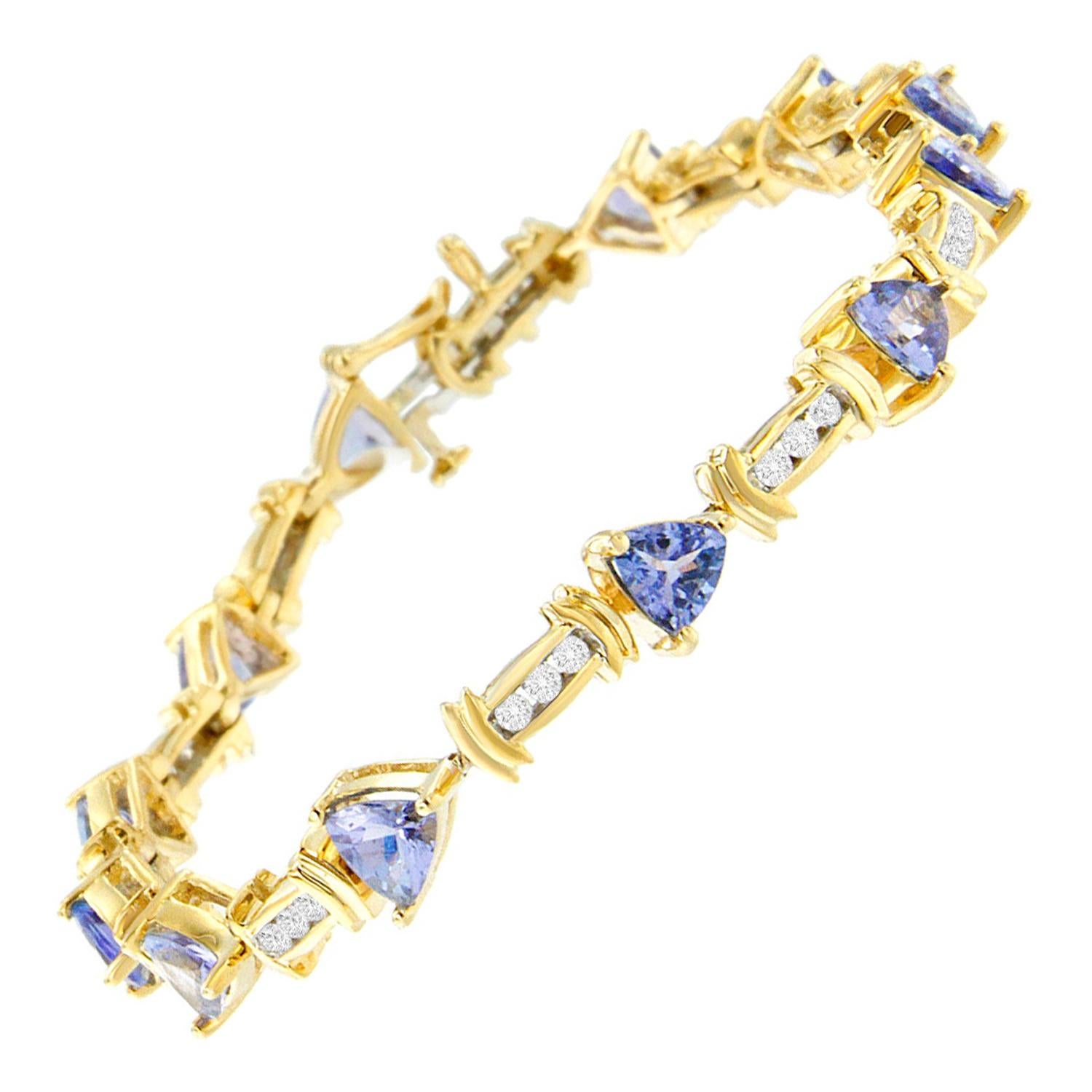 14k Yellow Gold 3/5 Cttw Round-Cut Diamond and Blue Triangle Tanzanite Bracelet