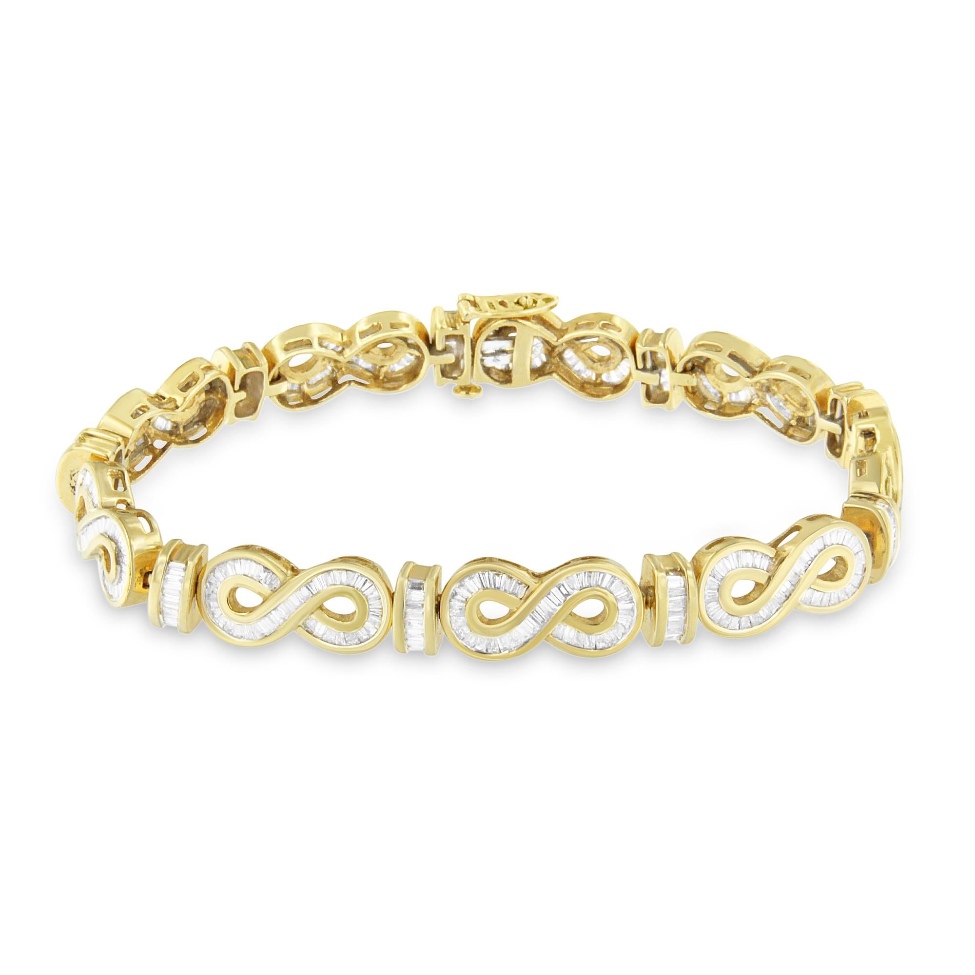 Represent both loving commitment and friendship for your partner by giving this stunning tennis diamond bracelet. Chisel to excellence, this two-toned bracelet is crafted of 14 karats white and yellow gold in tennis style. Further, the embellishment