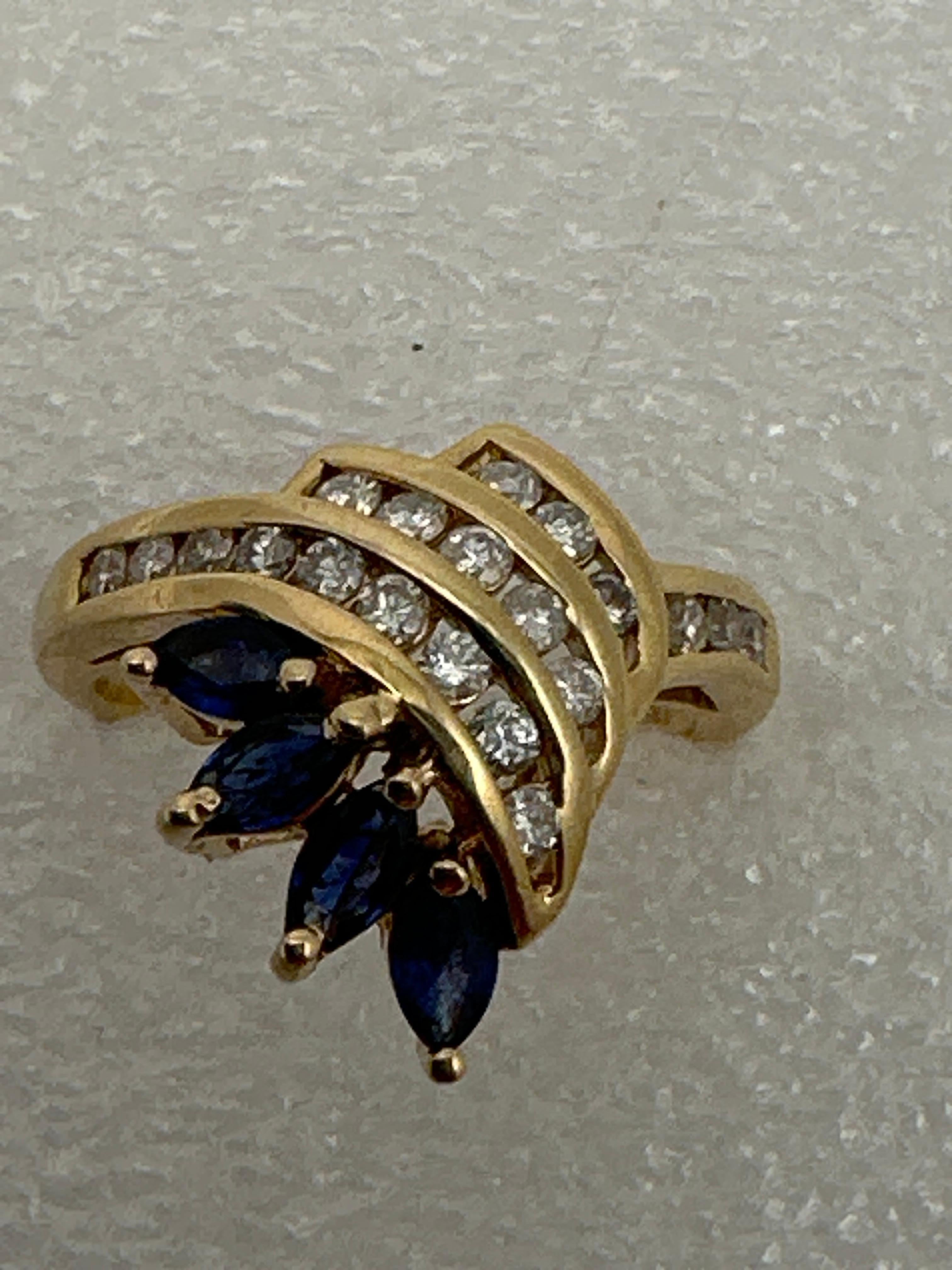 14k Yellow Gold  3 Marquise Sapphires 20 Round Diamonds Cocktail Ring ~ Sz 6 3/4 For Sale 4