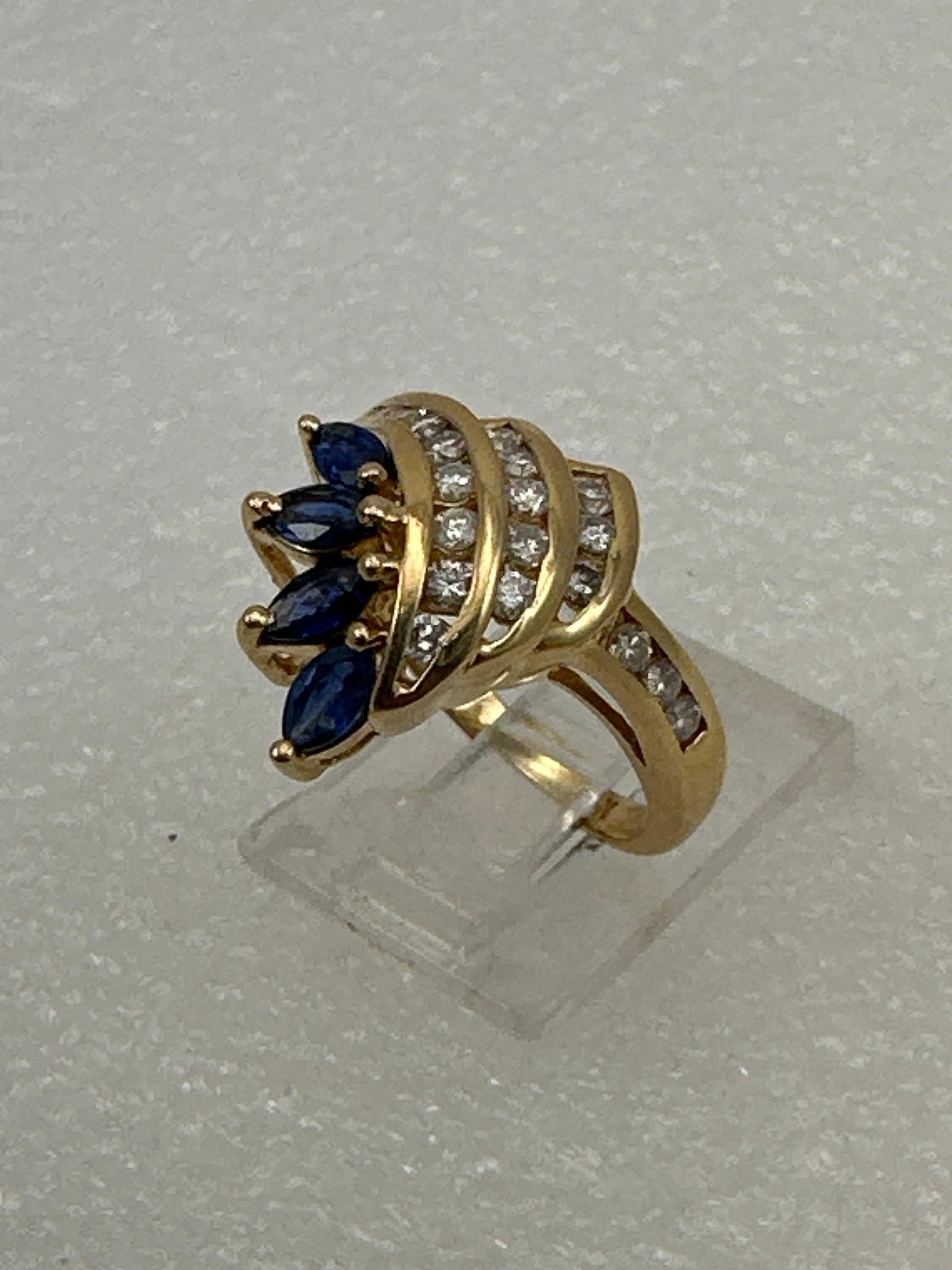 Modern 14k Yellow Gold  3 Marquise Sapphires 20 Round Diamonds Cocktail Ring ~ Sz 6 3/4 For Sale