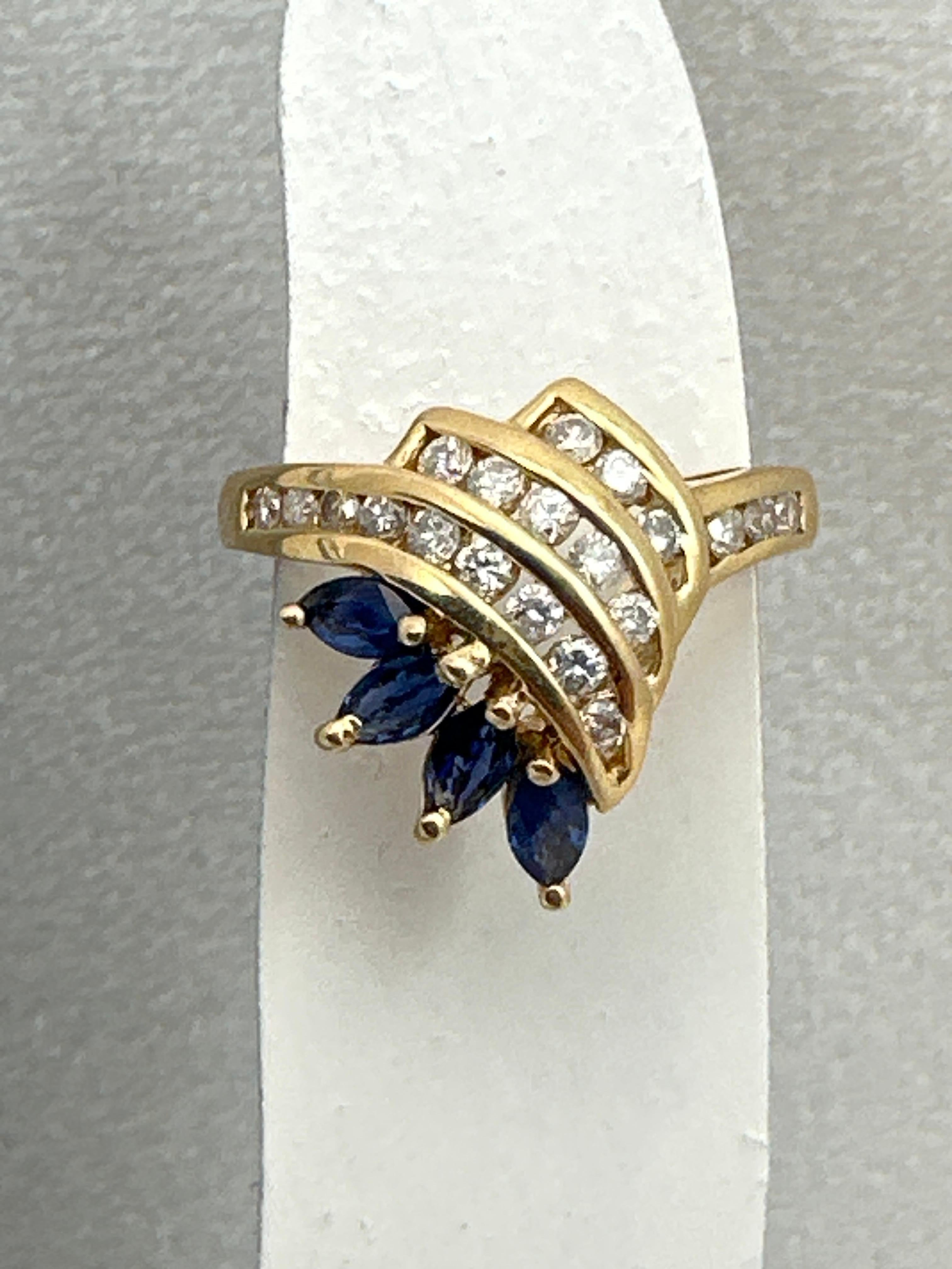 Round Cut 14k Yellow Gold  3 Marquise Sapphires 20 Round Diamonds Cocktail Ring ~ Sz 6 3/4 For Sale