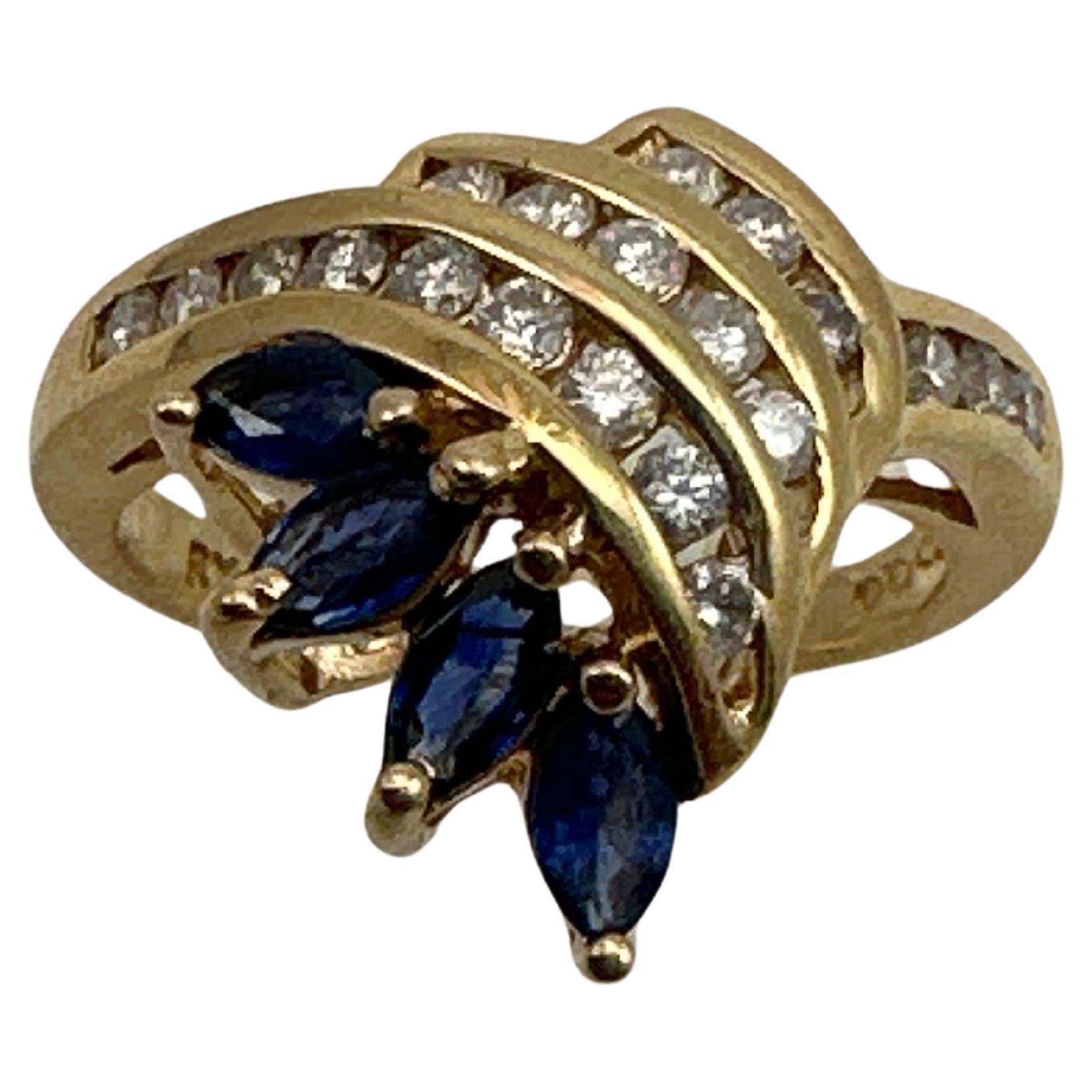 14k Yellow Gold  3 Marquise Sapphires 20 Round Diamonds Cocktail Ring ~ Sz 6 3/4