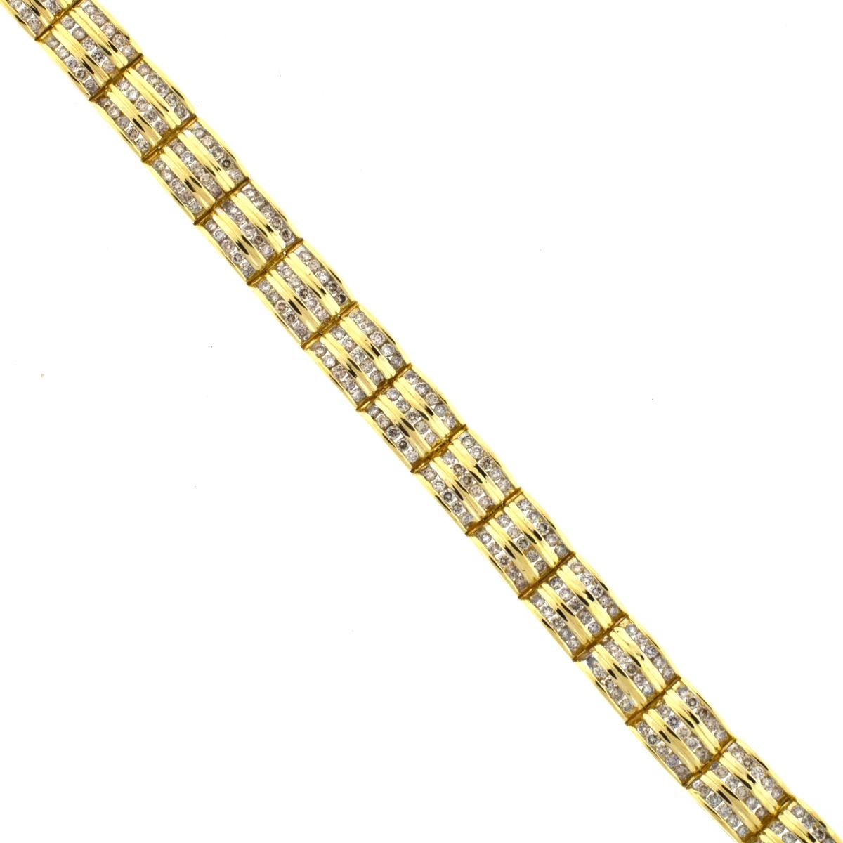 Round Cut 14 Karat Yellow Gold 3-Row Diamond Bracelet Approximate 3.00 Carat