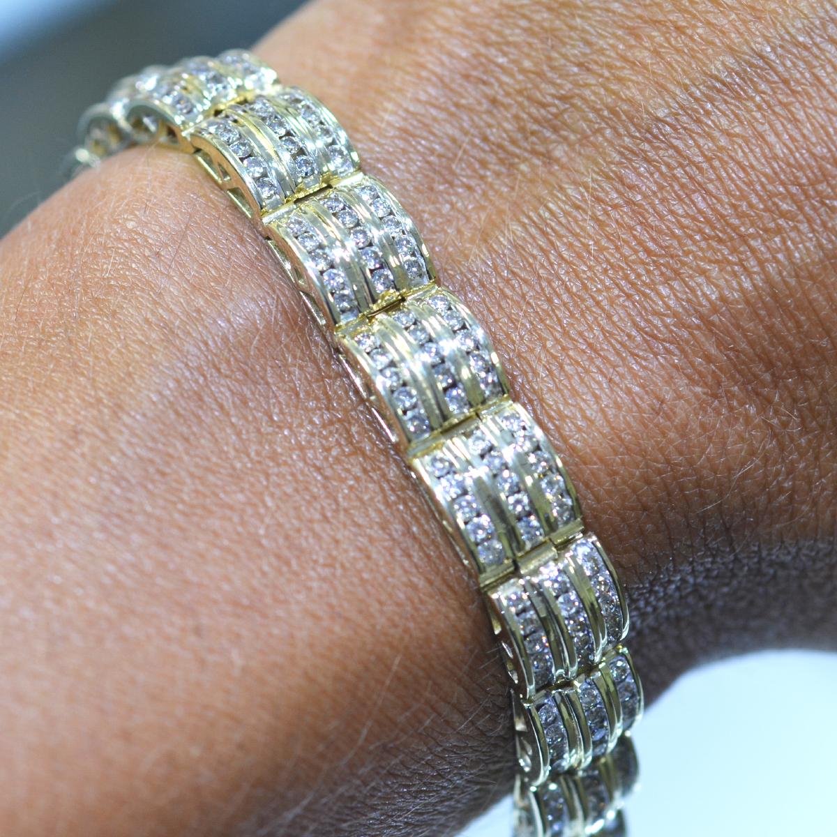 14 Karat Yellow Gold 3-Row Diamond Bracelet Approximate 3.00 Carat 4