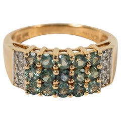 14k Gelbgold 3-Reihen Rundschliff Grüner Amethyst & Diamant Band Ring
