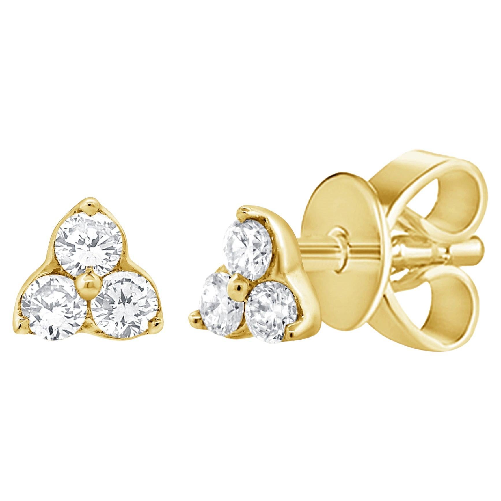 14K Yellow Gold 3 Stone 0.05ct Diamond Stud Earrings for Her For Sale