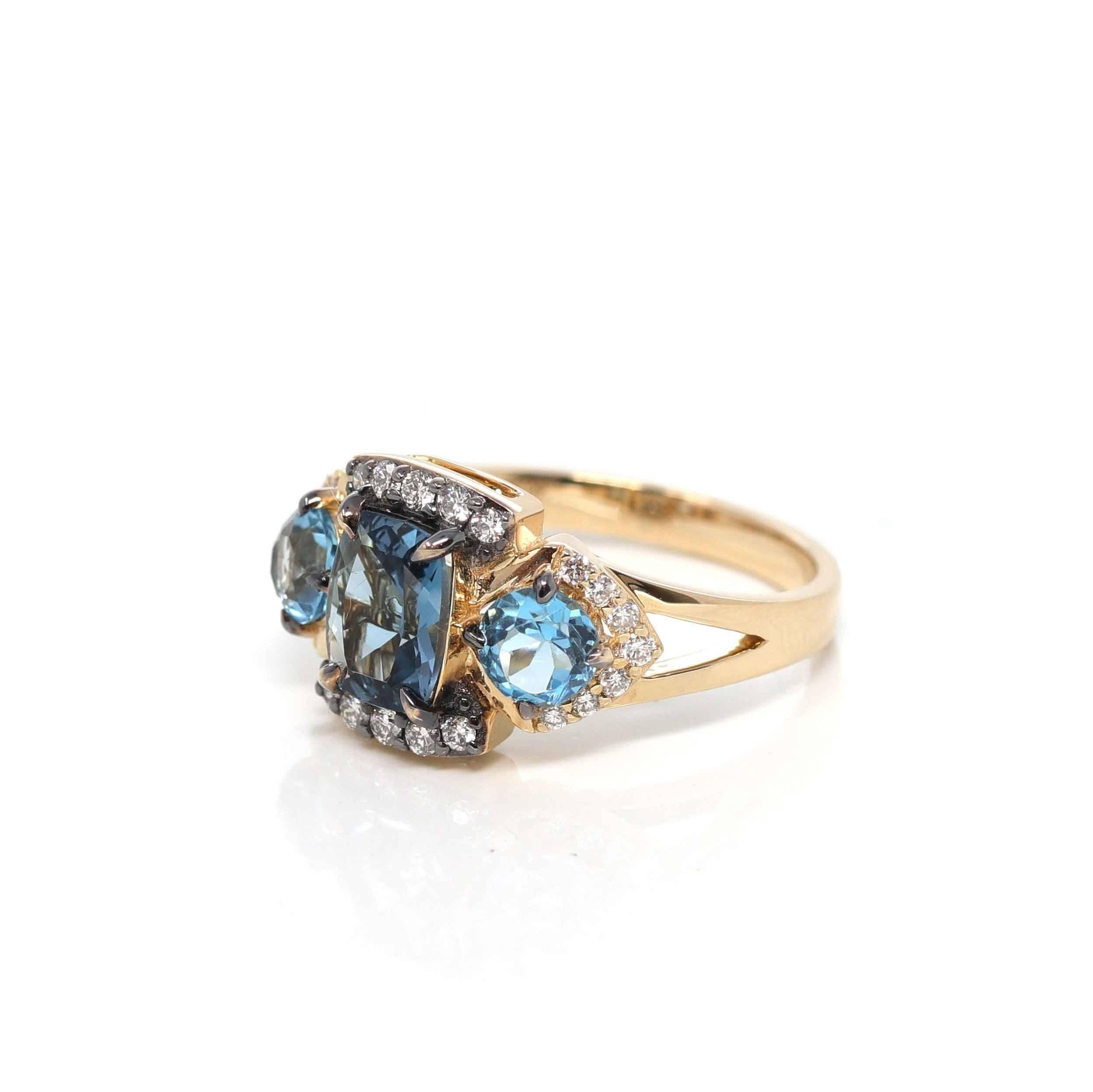 * Design Concept--- This ring features 3 Natural AAA topaz cushion cut, totaling 3.01 ct. The design is simplistic yet elegant. The ring looks very exquisite with some diamonds tracing the accents. Baikalla artisans are dedicated to combining