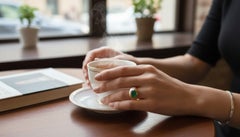 14K Gelbgold 3-Stein Ring Diamant Natürlicher Cabochon Smaragd Ring 3,96 CT