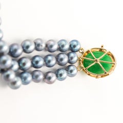 14K Yellow Gold 3 Strand Gray Cultured Salt Water Pearl with Jade Clasp and Bug