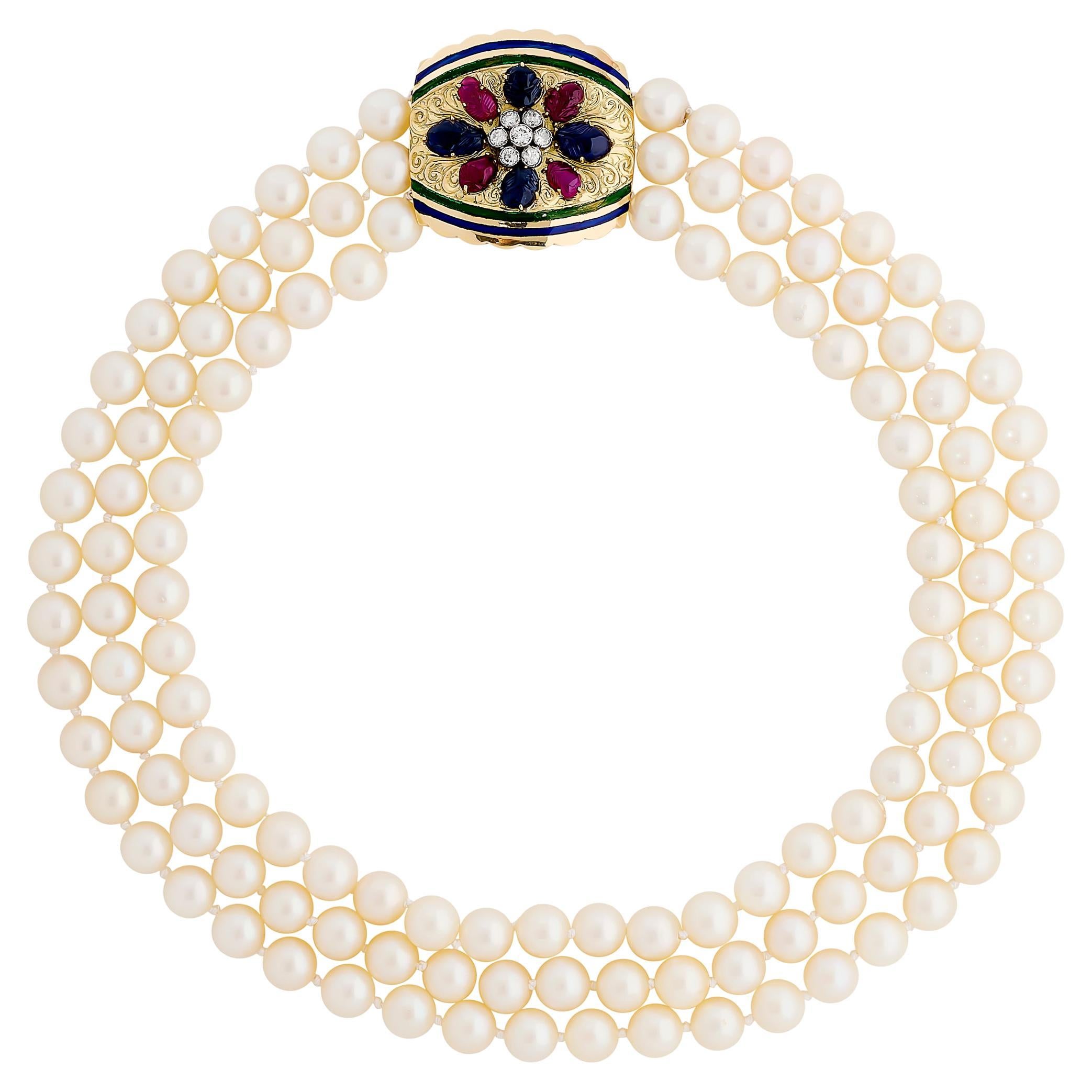 14K Yellow Gold 3 Strand Pearl Necklace with a Diamond, Ruby and Sapphire Clasp