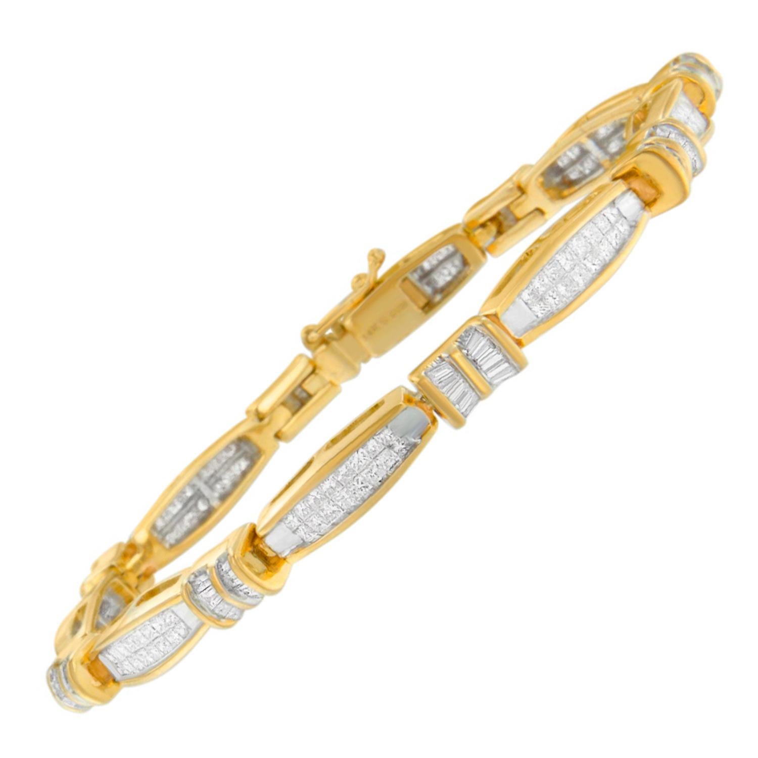 14K Yellow Gold 3.0 Carat Baguette and Princess Diamond Tennis Bracelet For Sale