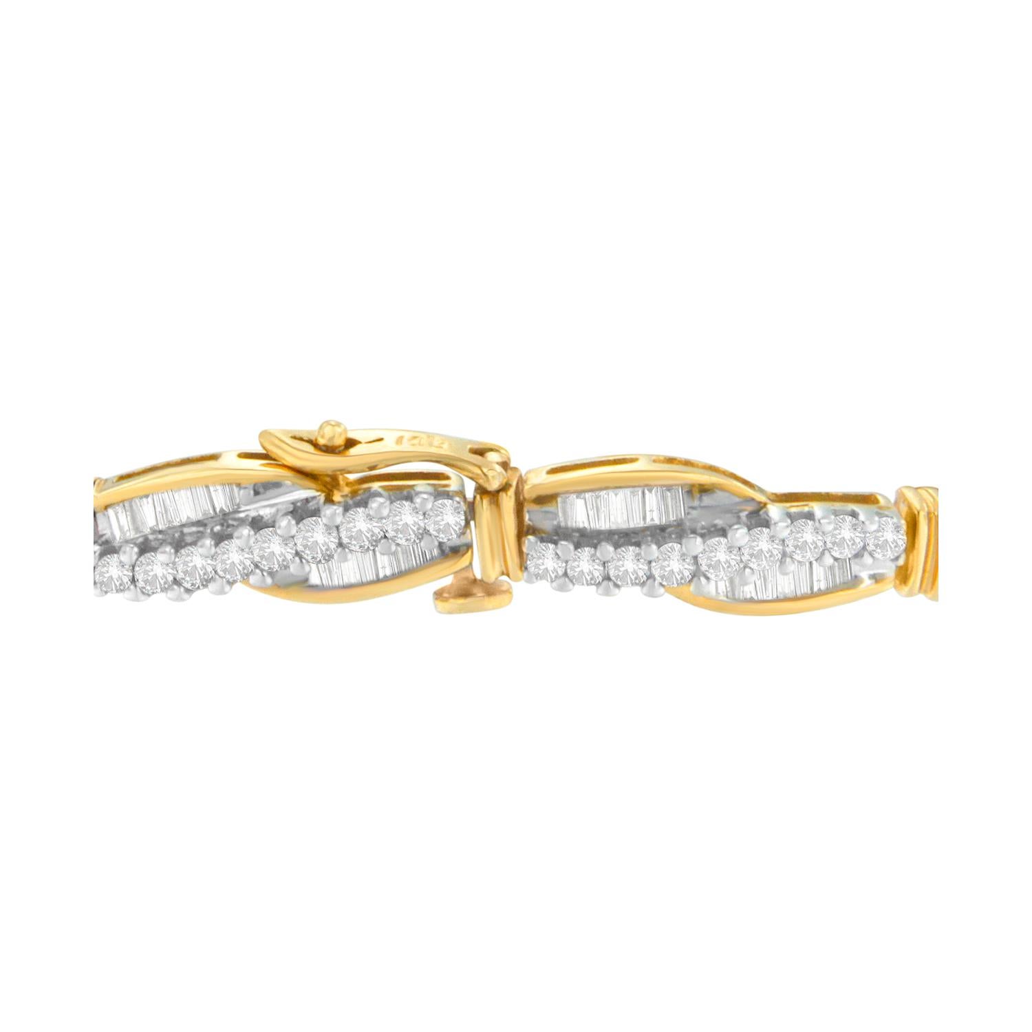 When you've found someone to share life's journey, you want to let them know. This bracelet is an elegant reminder, filled with three carats of glittering round and baguette diamonds that wind their way around an intricate yellow gold setting for a