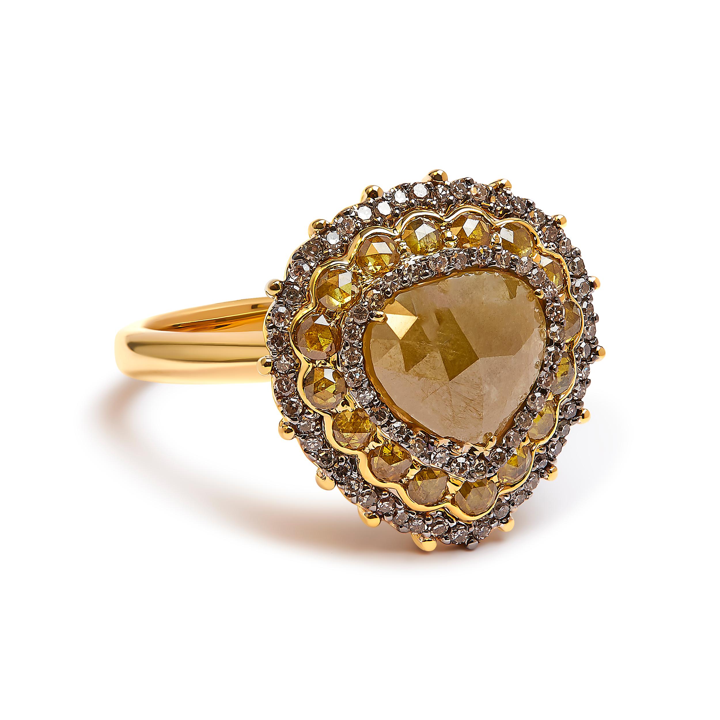 Indulge in the captivating allure of our 14K Yellow Gold Cocktail Ring. Adorned with a stunning array of 94 natural diamonds, this exquisite piece boasts a total weight of 3.0 cttw. The yellow rose cut diamonds, beautifully complemented by white