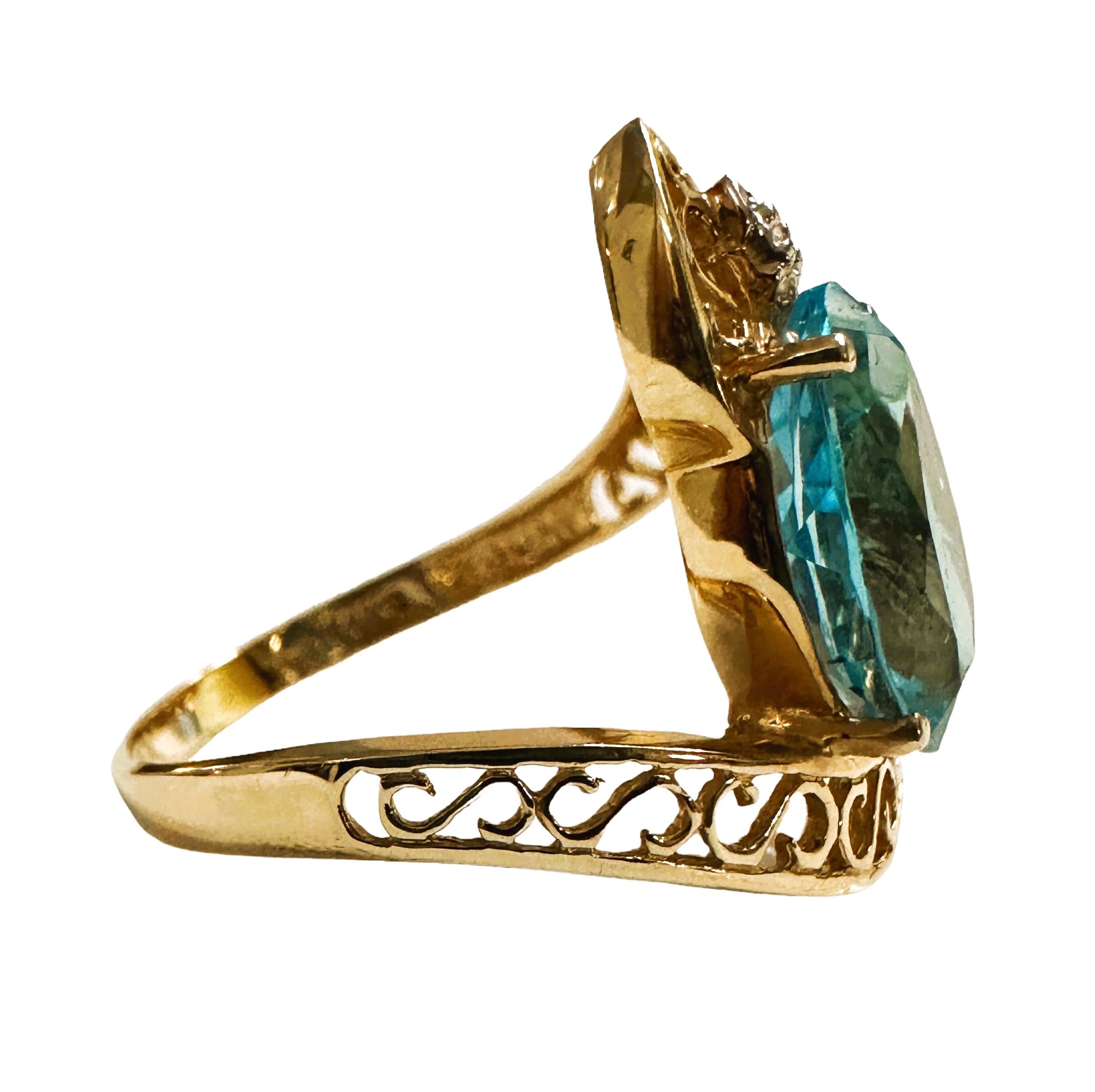 Pear Cut 14k Yellow Gold 3.0 Carat Blue Topaz & Diamond Filigree Ring Size 7.75 - Stamped