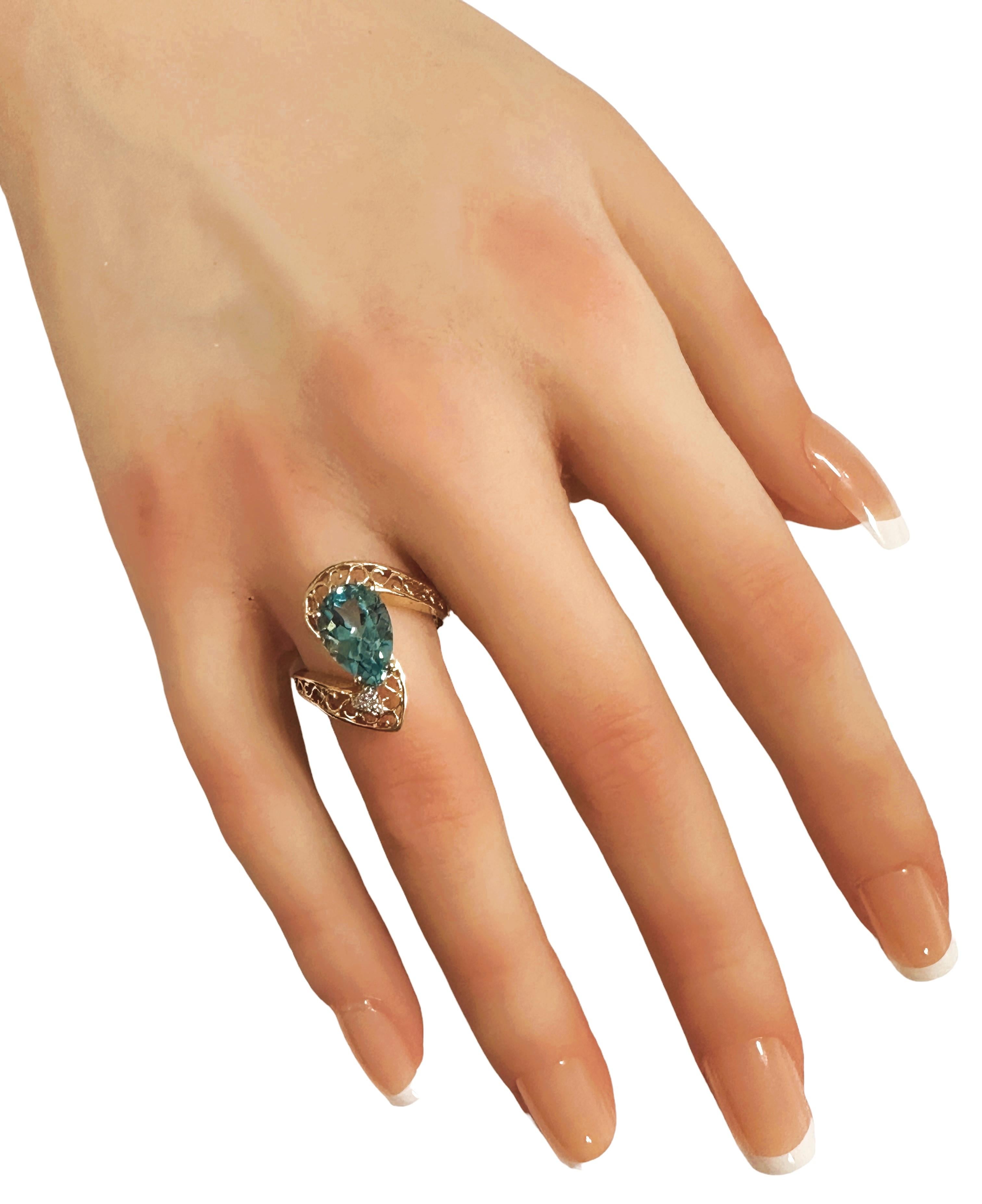 14k Yellow Gold 3.0 Carat Blue Topaz & Diamond Filigree Ring Size 7.75 - Stamped 1