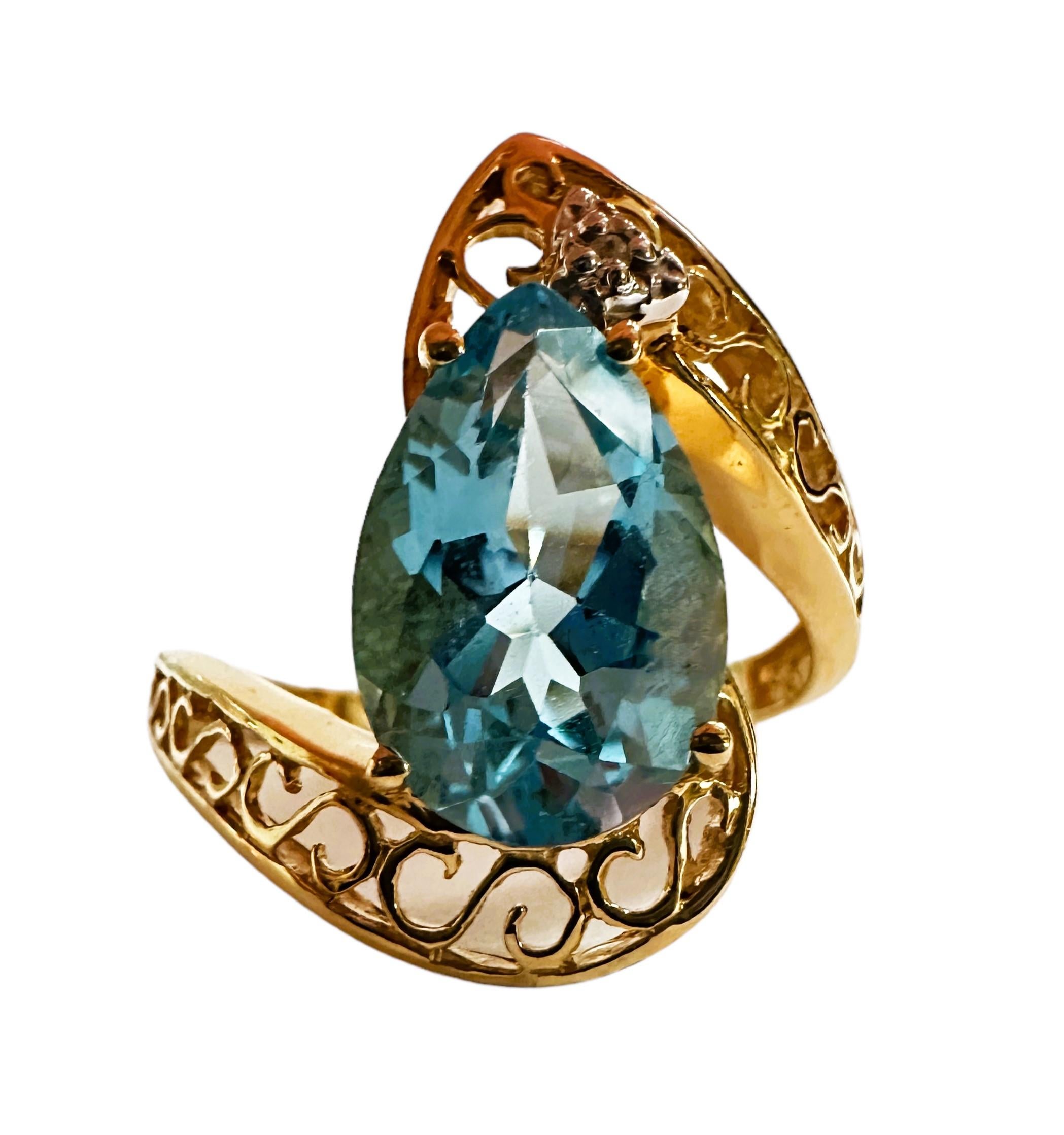 14k Yellow Gold 3.0 Carat Blue Topaz & Diamond Filigree Ring Size 7.75 - Stamped 3