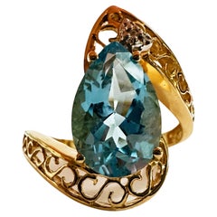 14k Yellow Gold 3.0 Carat Blue Topaz & Diamond Filigree Ring Size 7.75 - Stamped
