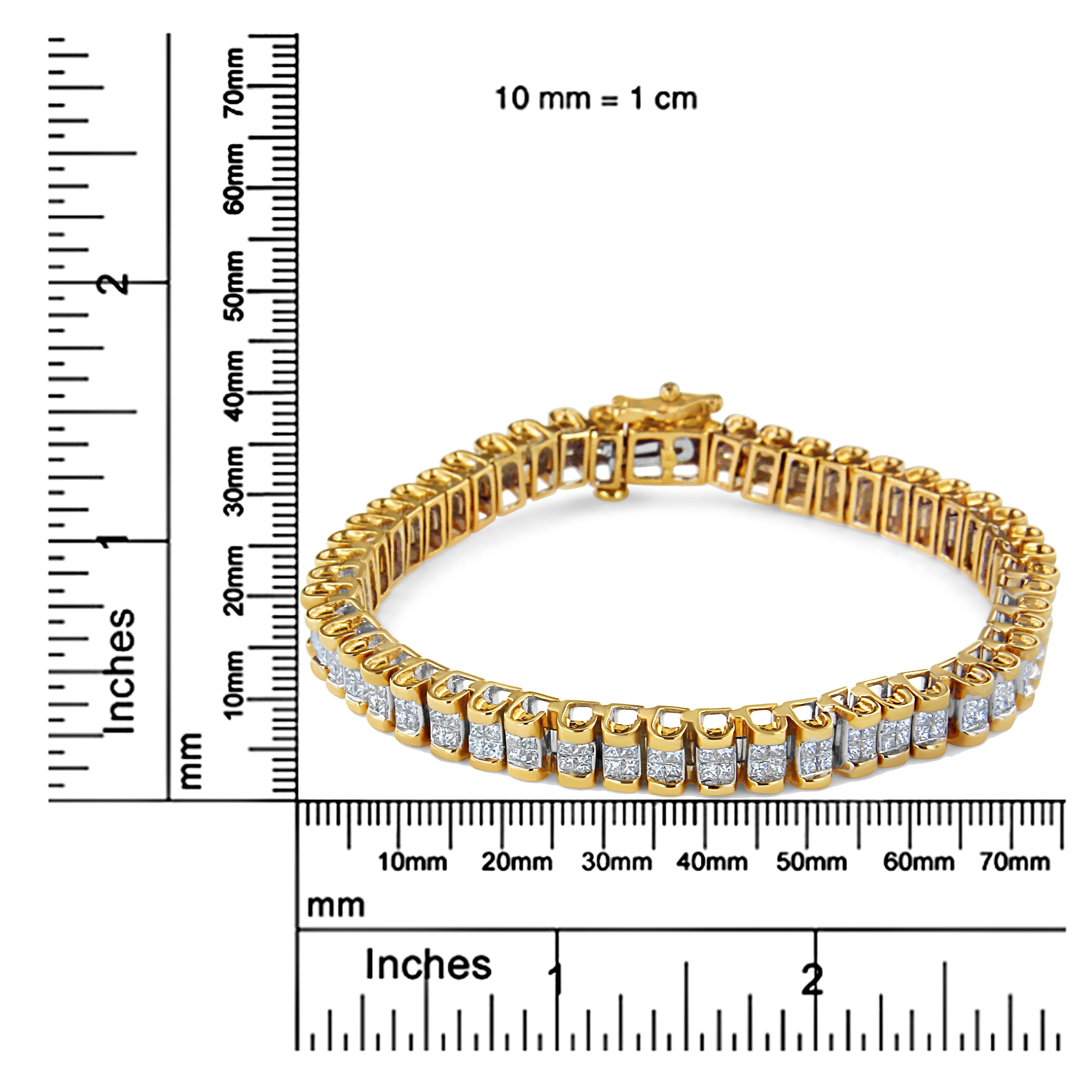 Elevate your wristwear with this exquisite tennis bracelet, a symphony of precision and shine. Each segment boasts a quartet of princess cut diamonds, invisibly set to enhance their collective luster. The stones, totaling 3.0 carats, boast an H-I