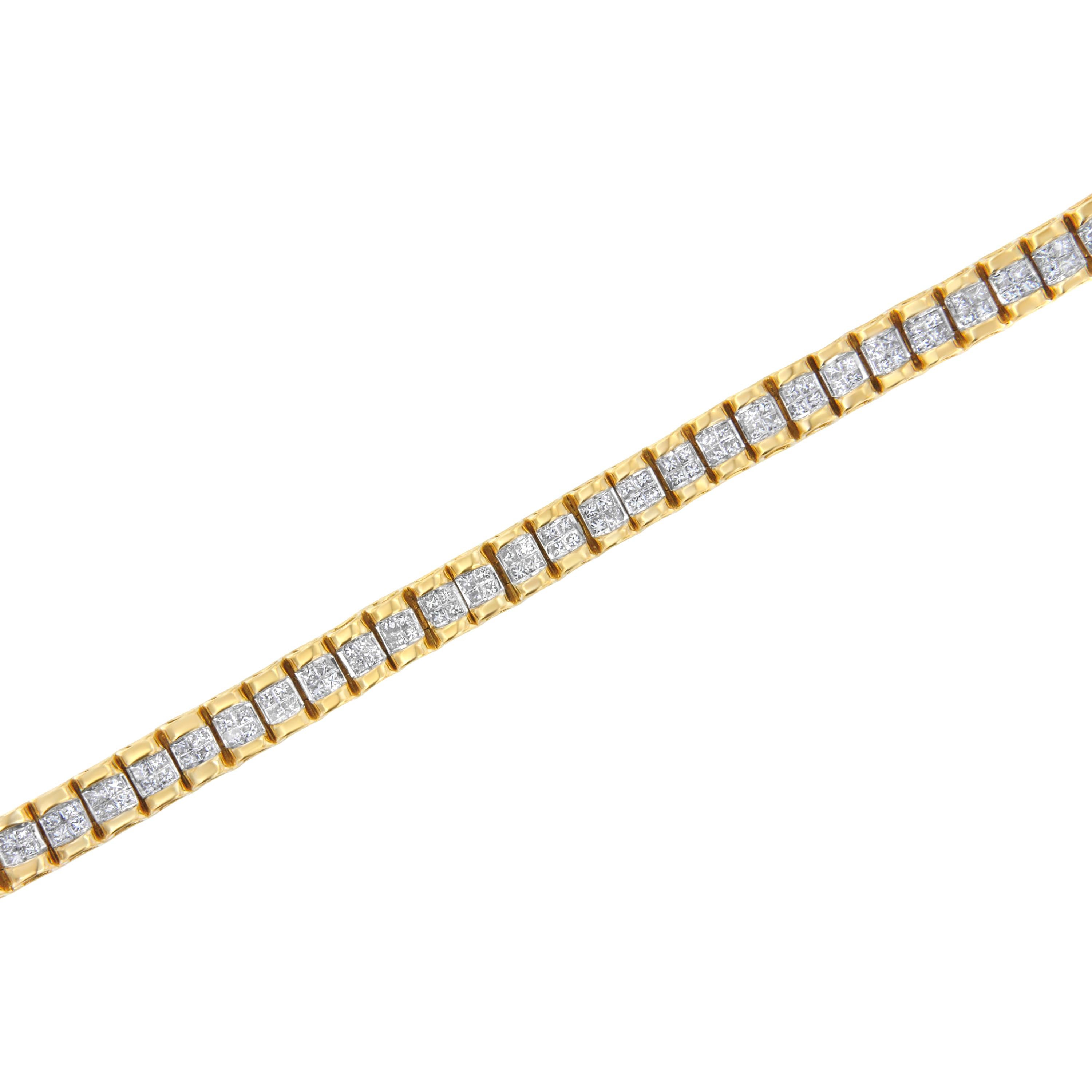 14K Yellow Gold 3.0 Cttw Princess Cut Quad Invisible Set Tennis Bracelet In New Condition For Sale In New York, NY