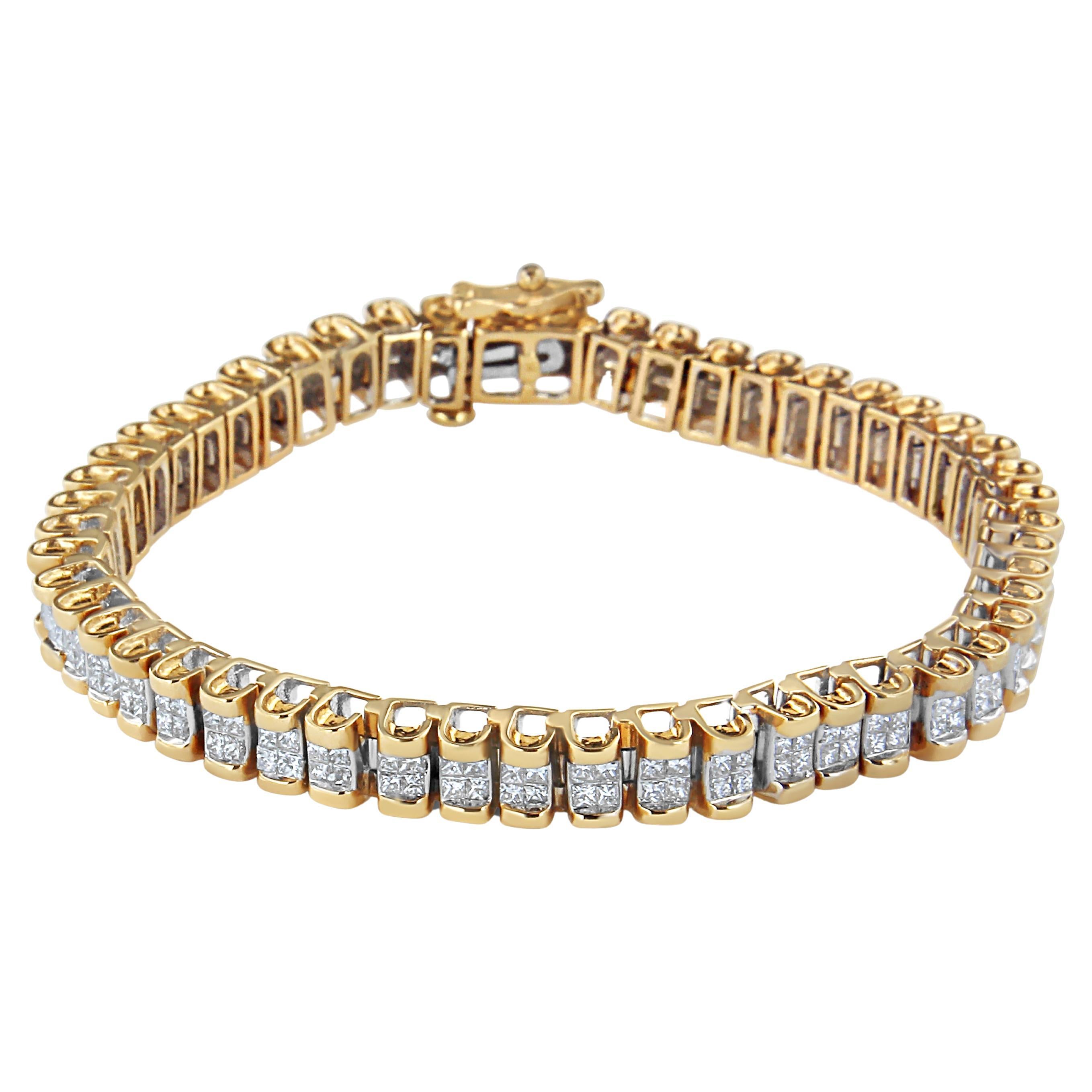 14K Yellow Gold 3.0 Cttw Princess Cut Quad Invisible Set Tennis Bracelet For Sale