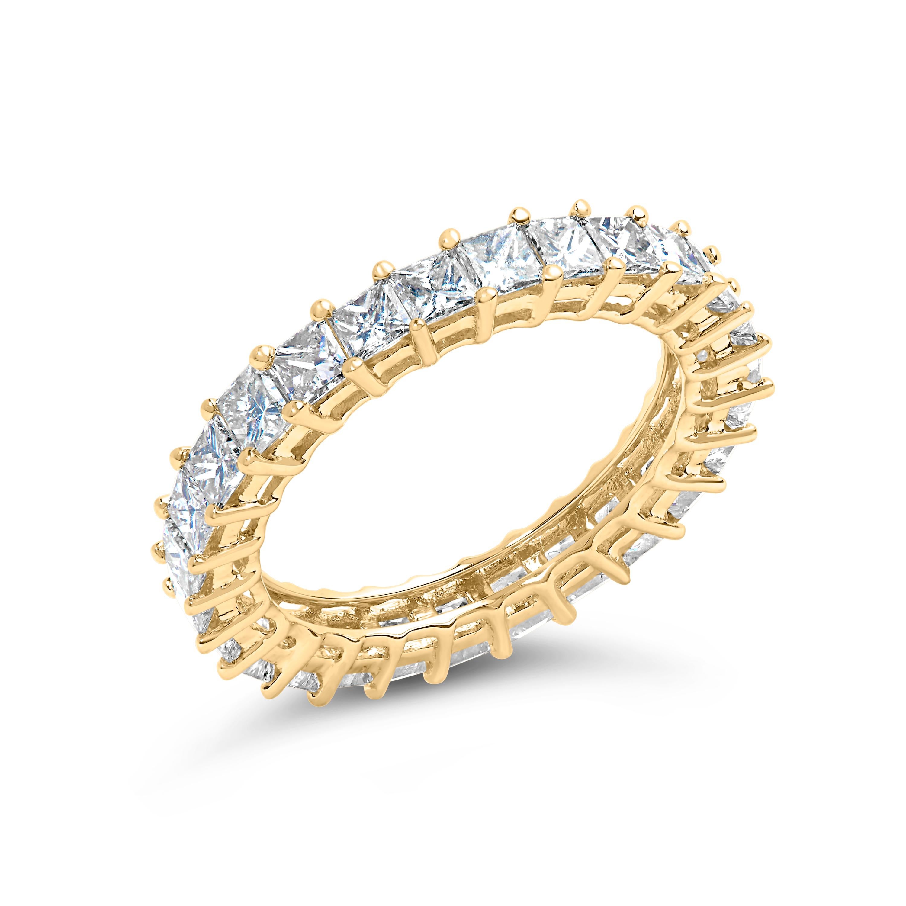 Introducing a mesmerizing symbol of eternal love and exquisite craftsmanship, this 14K Yellow Gold Princess-cut Diamond Eternity Band Ring is a true masterpiece. With a dazzling total weight of 3.0 carats, this ring boasts 27 natural diamonds, each