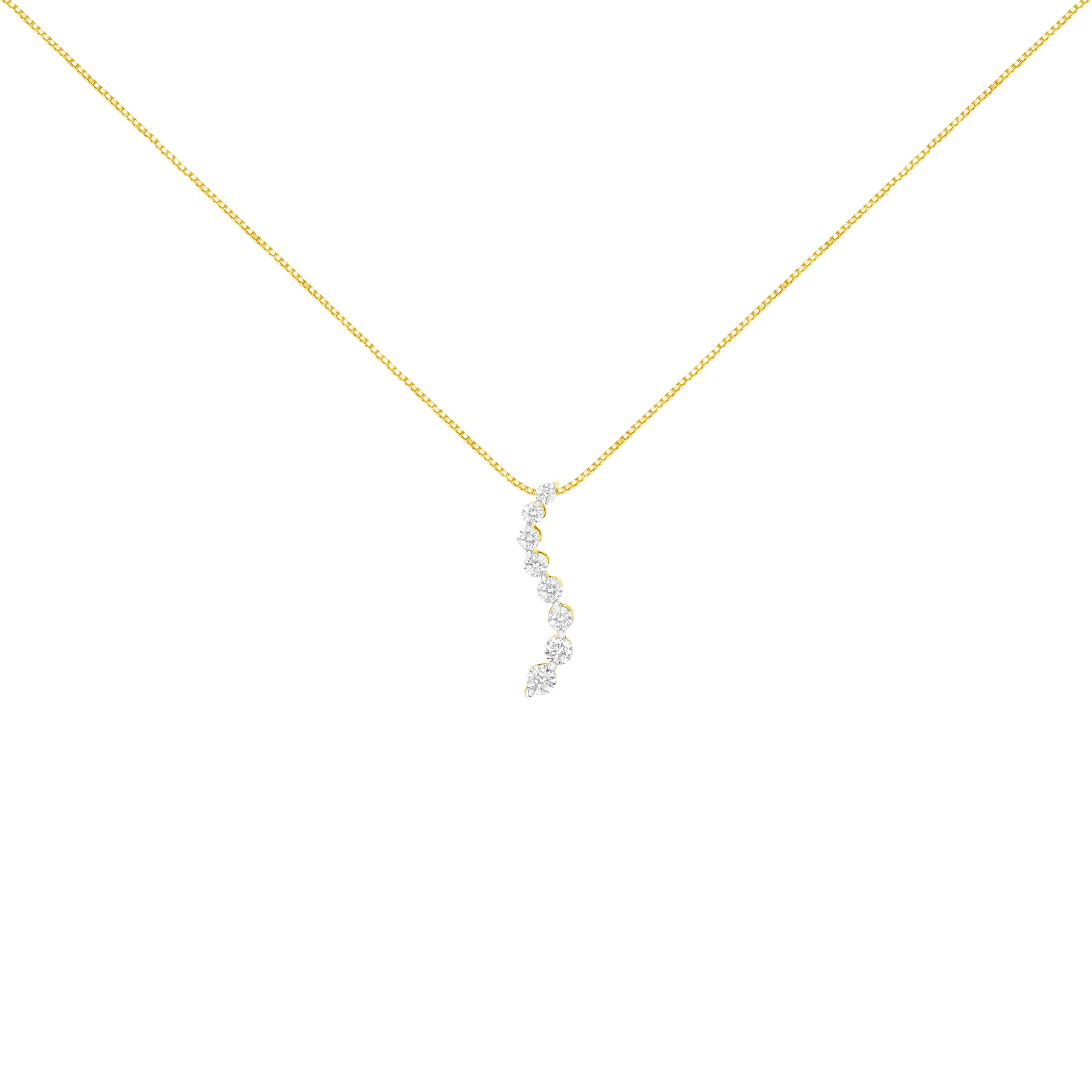 Eight stunning prong set round cut diamonds create a soft wave in this 14k yellow gold journey pendant. Baguette cut diamonds are set into the sides of the pendant giving it an unexpected design element that adds shimmer and elegance to this piece.