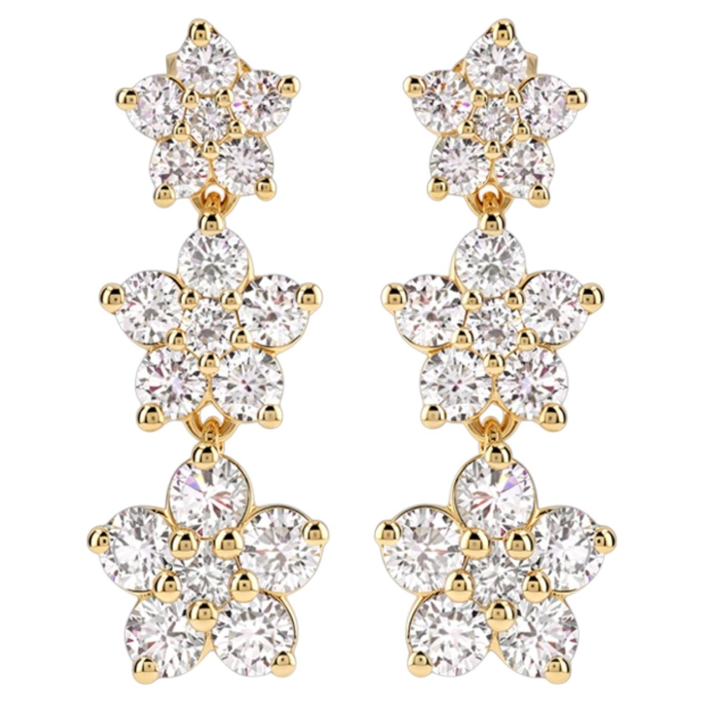Pendientes de oro amarillo de 14 quilates con diamantes naturales redondos de 3,01 quilates y diseño floral en forma de enredadera