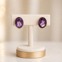 14k Yellow Gold 30ctw Large Oval Step Cut Amethyst Bezel Omega Back Earrings