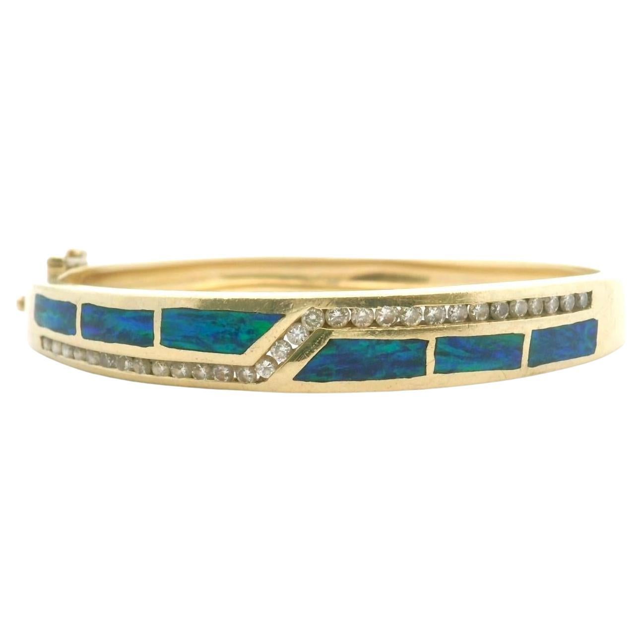 14k Yellow Gold 30g Solid Blue Green Opal and 1ct Diamond Bangle 6.5"