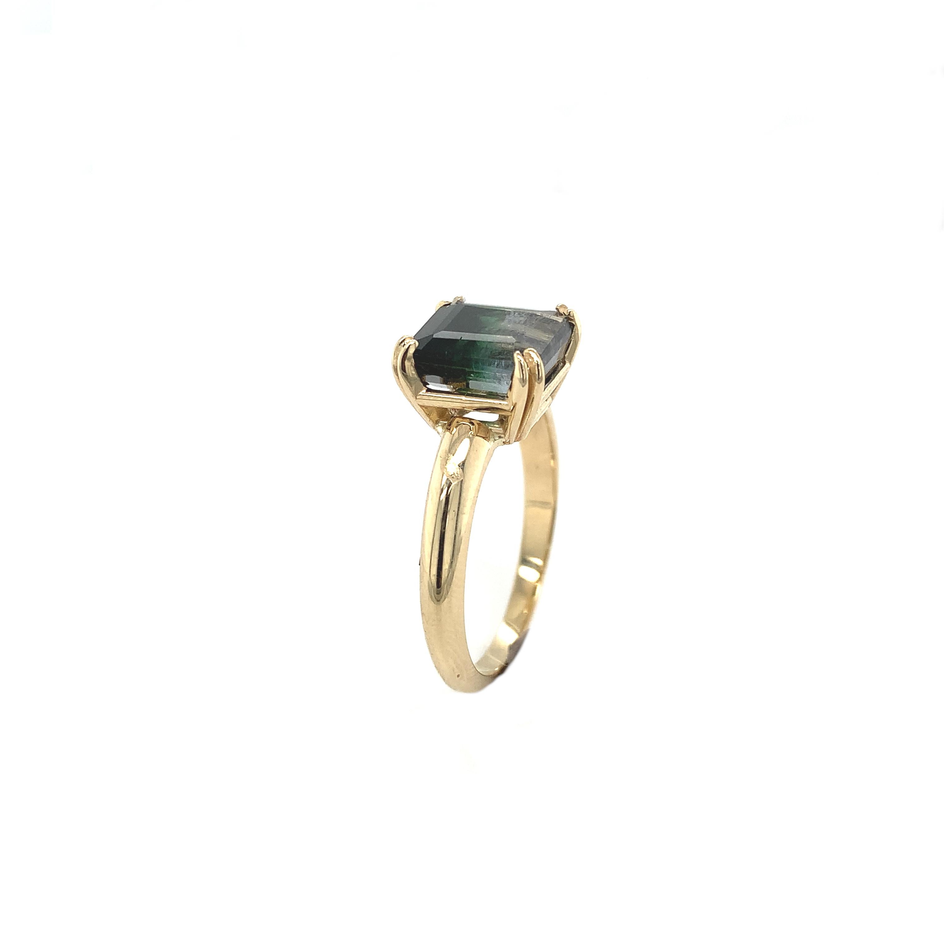 Emerald Cut 14K Yellow Gold 3.13 carat Bi-color Tourmaline Ring For Sale