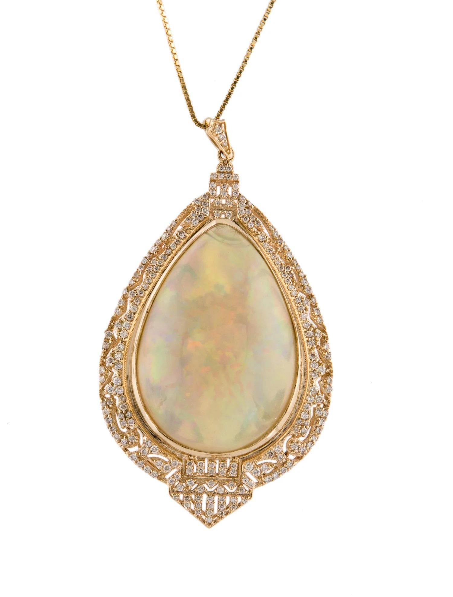 Pear Cut 14K Yellow Gold 32.17ct Opal and Diamond Pendant Necklace For Sale