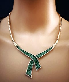 14K Yellow Gold 3.25 Carat Emerald & Diamond Scarf Necklace 17" - 34.72 Grams