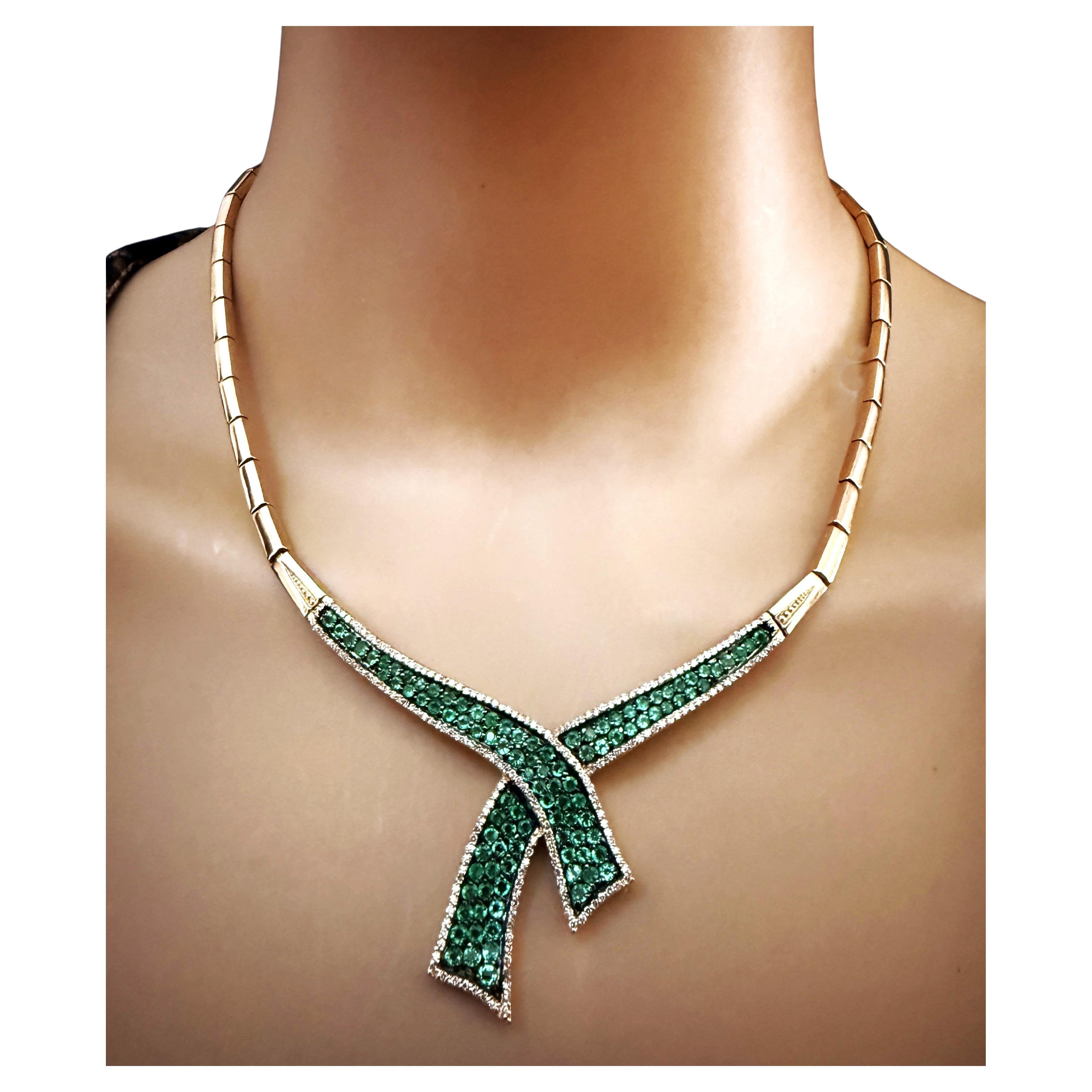 14K Yellow Gold 3.25 Carat Emerald & Diamond Scarf Necklace 17" - 34.72 Grams