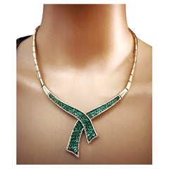 14K Yellow Gold 3.25 Carat Emerald & Diamond Scarf Necklace 17" - 34.72 Grams