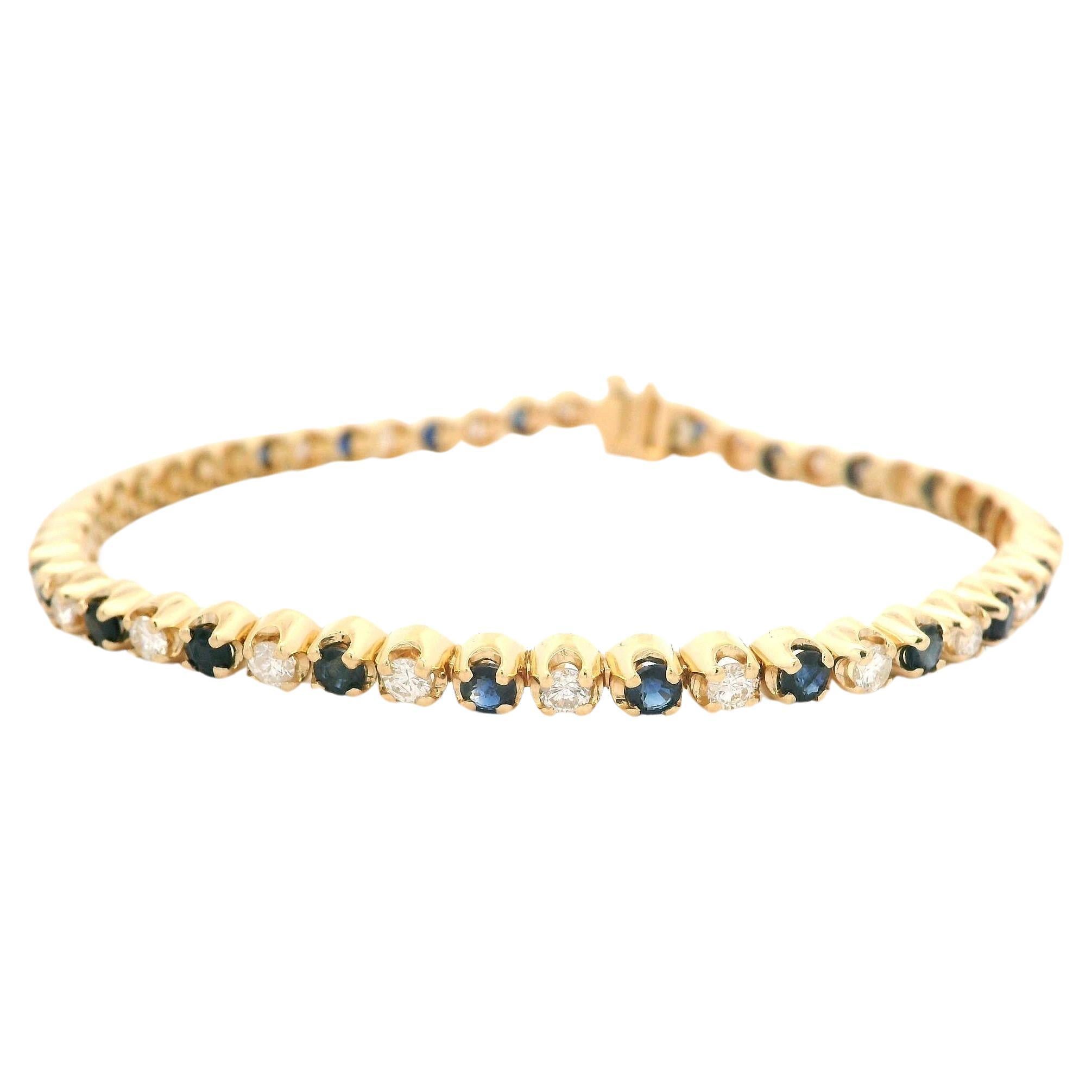 Bracciale tennis in oro giallo 14k con linea alternata di diamanti e zaffiri da 3,25 carati