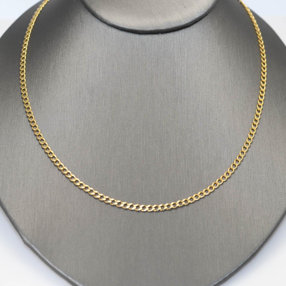 Curb style necklace in 14k yellow gold.
 Weighs 7.8 grams.
The necklace measures 3.25mm wide 
The length is 18″ long.
Excellent condition.
WE HAVE MANY OTHER SIZES AND STYLES
PLEASE LET US KNOW IF YOU ARE LOOKING FOR THE FOLLOWING STYLES:
FIGARO,